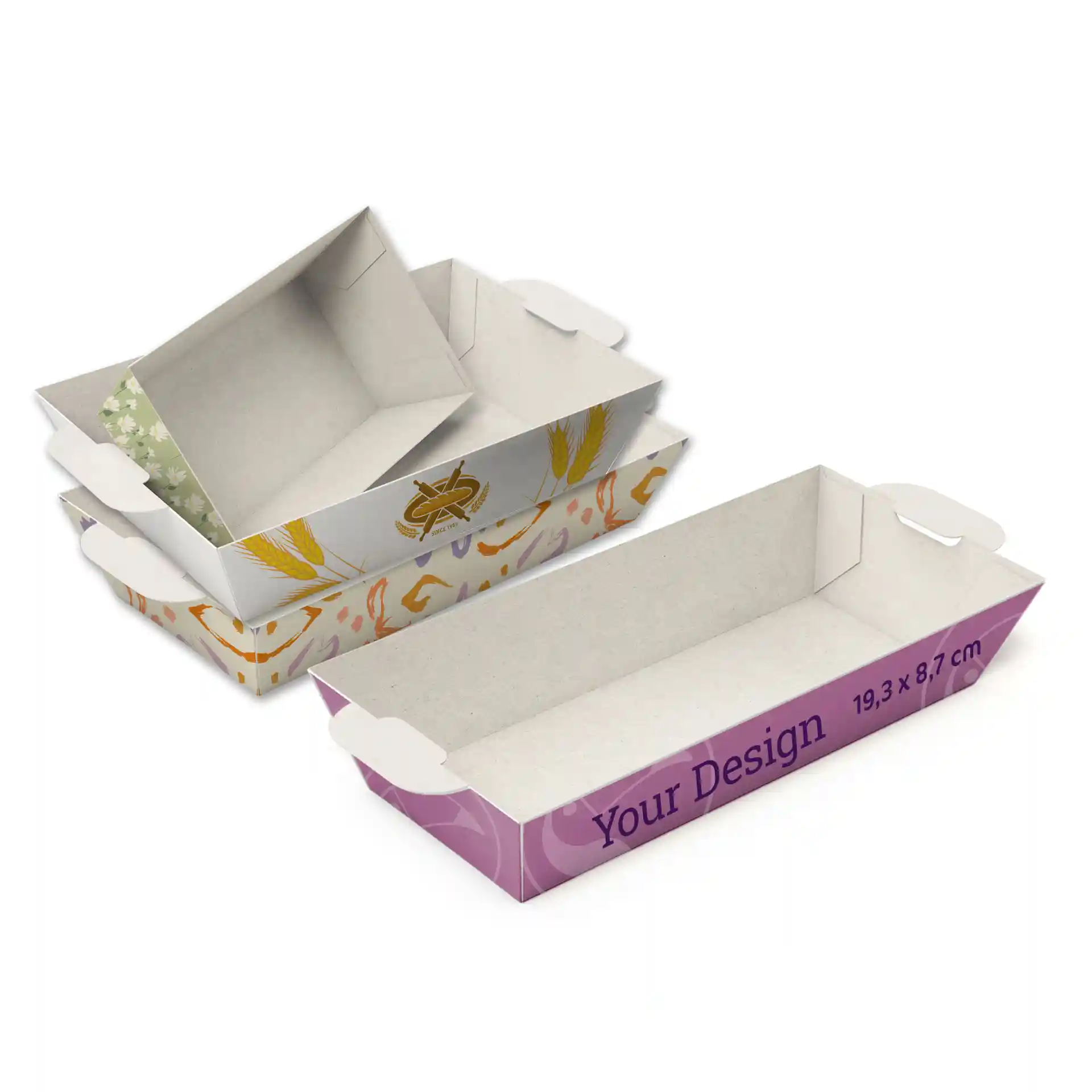 Rechthoekige witte snackplanken met verschillende ontwerpen, 19,3 x 8,7 cm, gestapeld in elkaar.