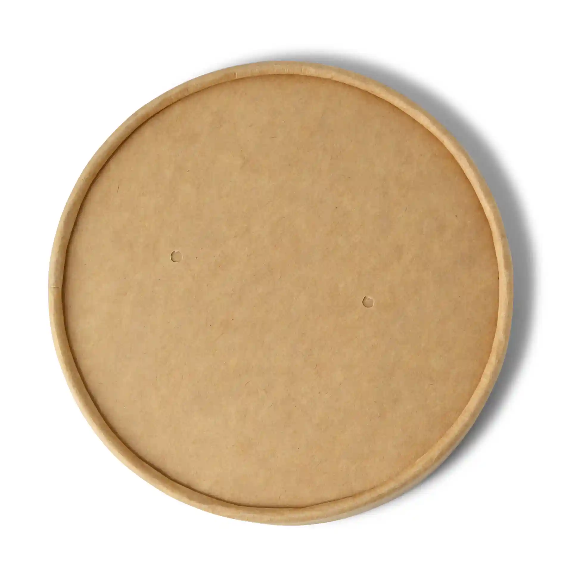 Ronde kartonnen deksel met een bruine oppervlakte, met twee kleine gaatjes, diameter van 117 mm.