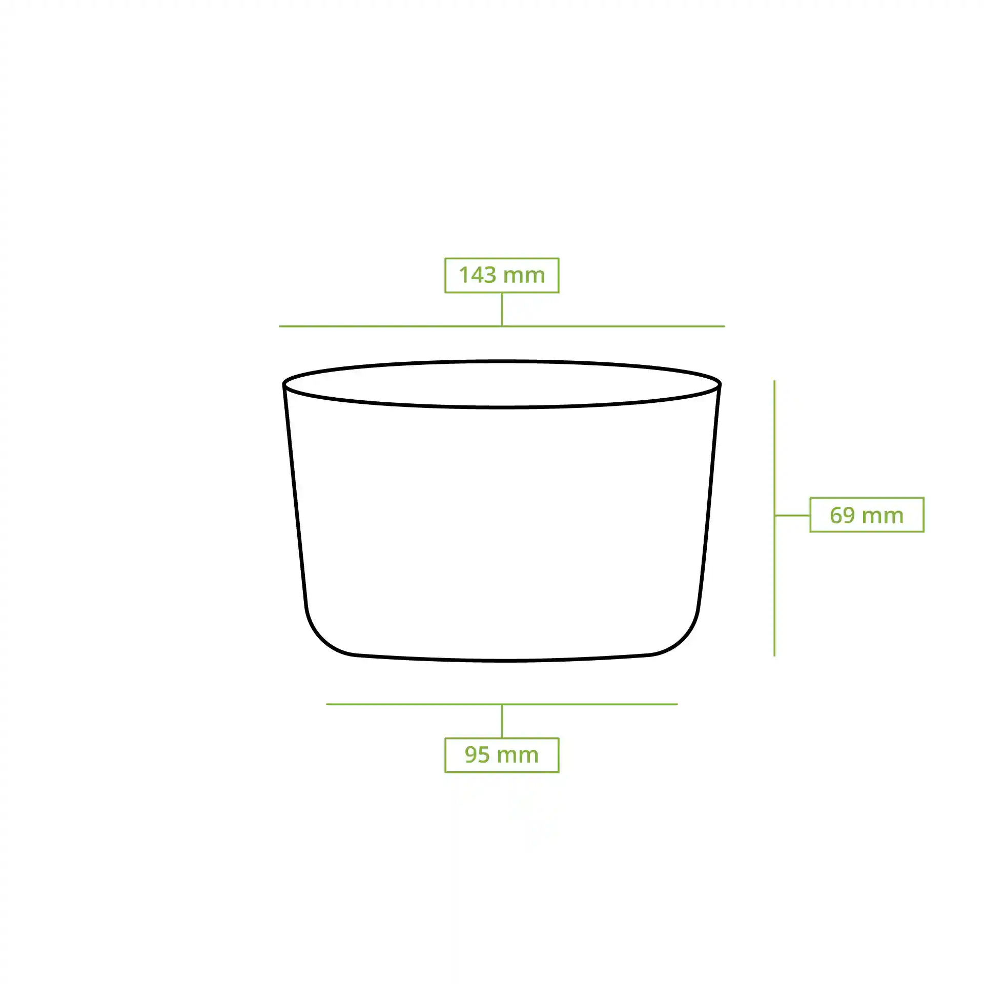 Schematische tekening van een ronde deli-container met afmetingen: hoogte 69 mm, bovenste diameter 143 mm, onderste diameter 95 mm.