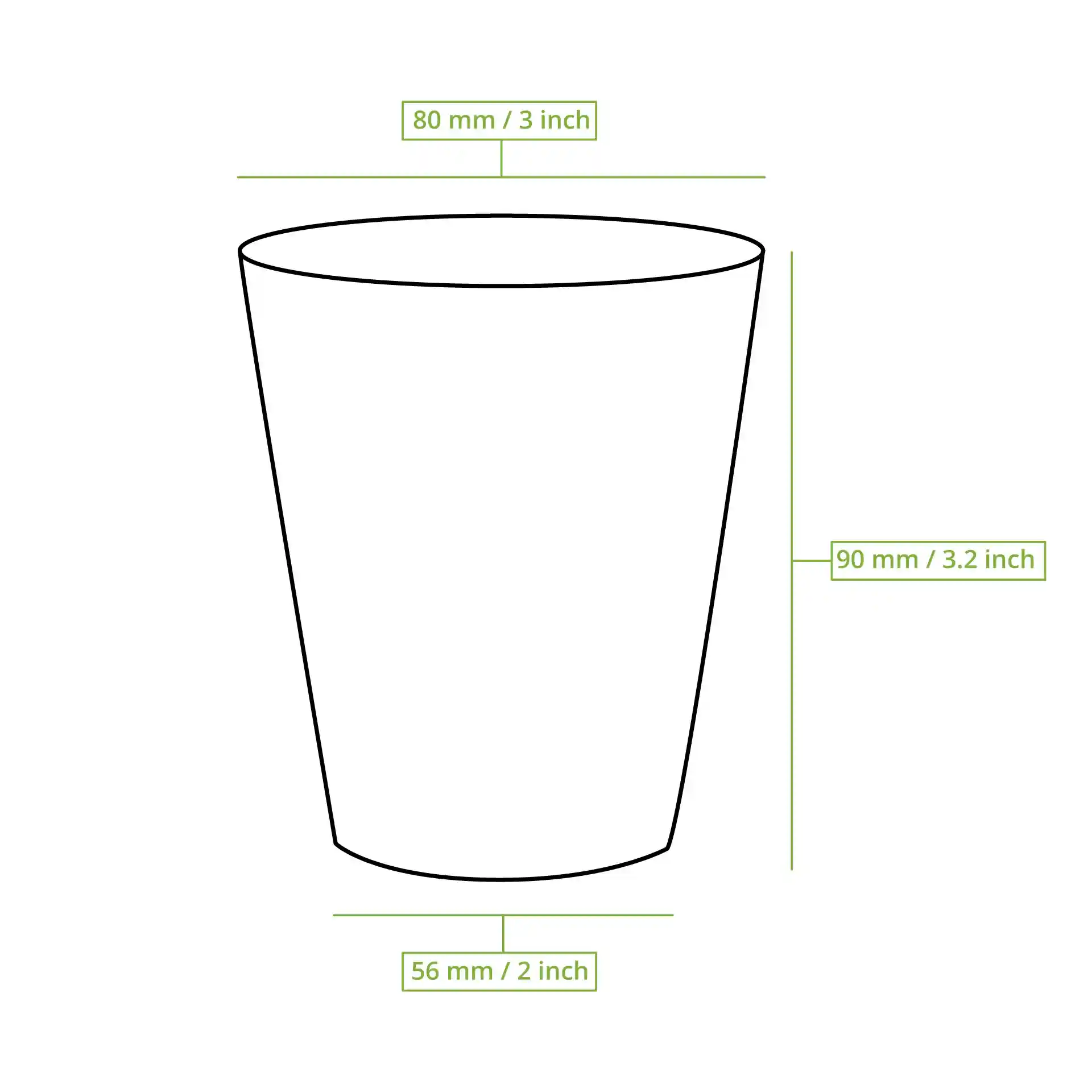 Schematische tekening van een beker met afmetingen: hoogte 90 mm, bovenste diameter 80 mm, basisdiameter 56 mm.