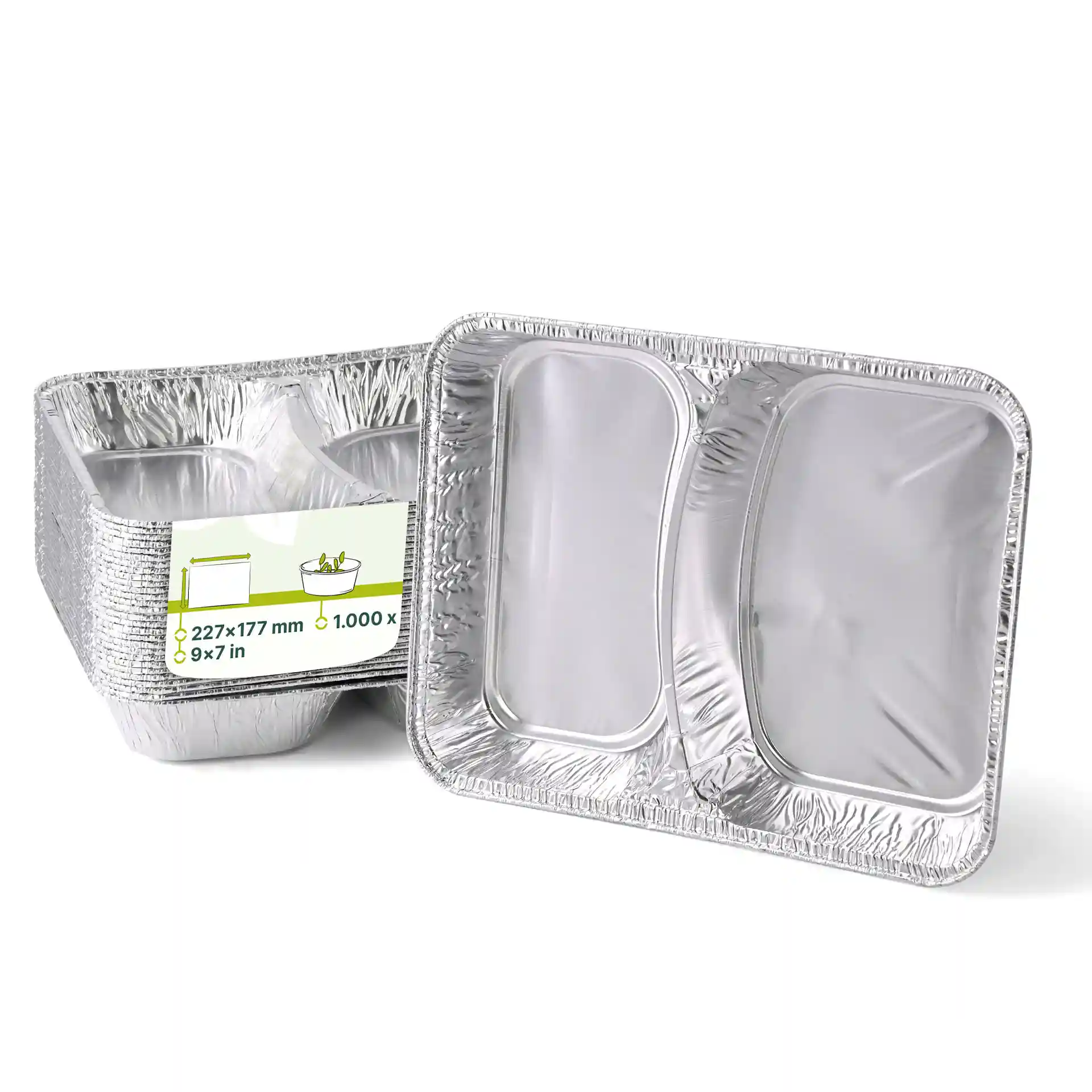 Aluminium maaltijdschalen met twee compartimenten, 227 x 177 mm, schuin op een witte achtergrond weergegeven.