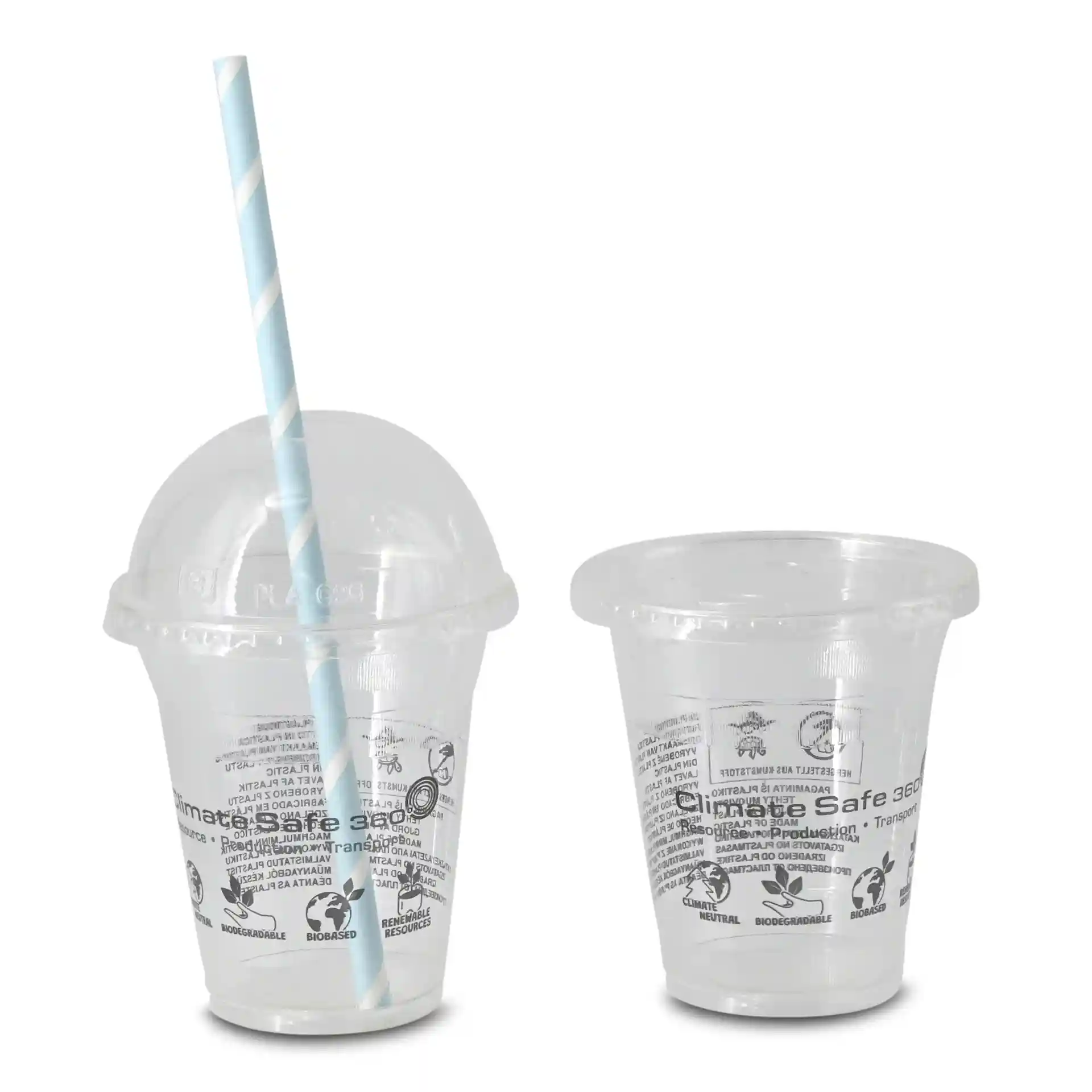 Transparante 12 oz PLA smoothie bekers met een blauwe gestreepte rietje, één met deksel en één zonder.