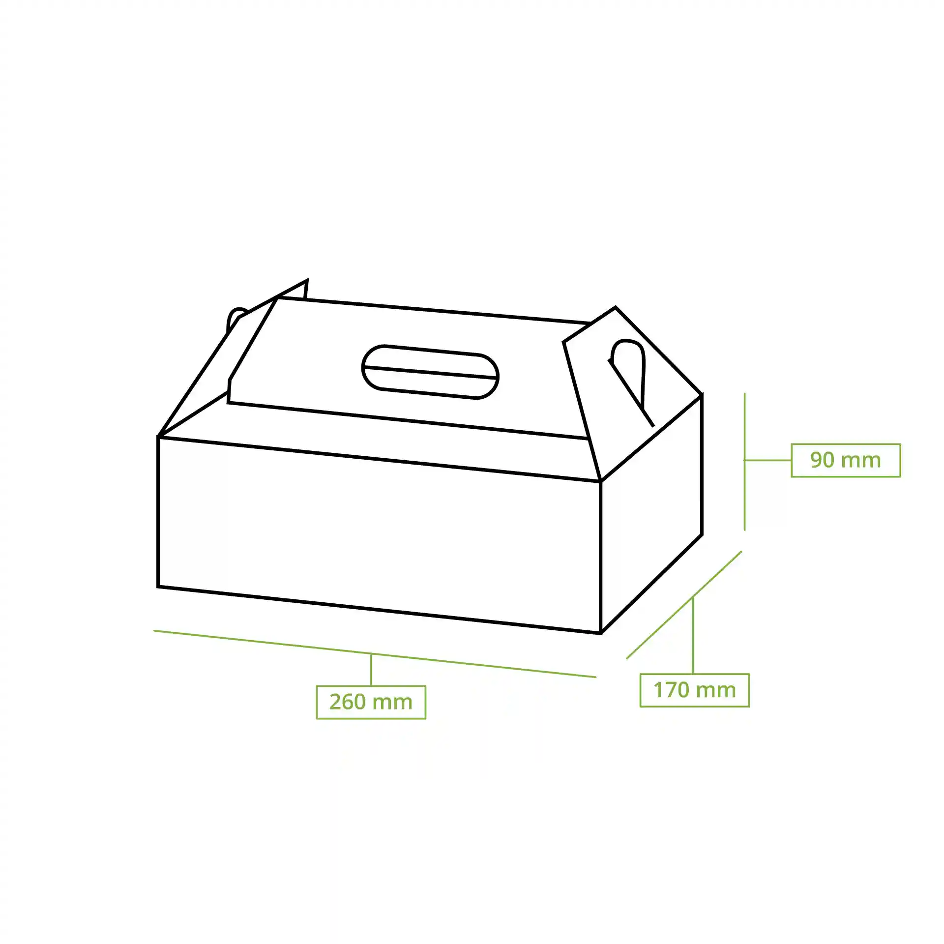 Schematische tekening van een opvouwbare kartonnen taartdoos met afmetingen: 260 mm lengte, 170 mm breedte, 90 mm hoogte.