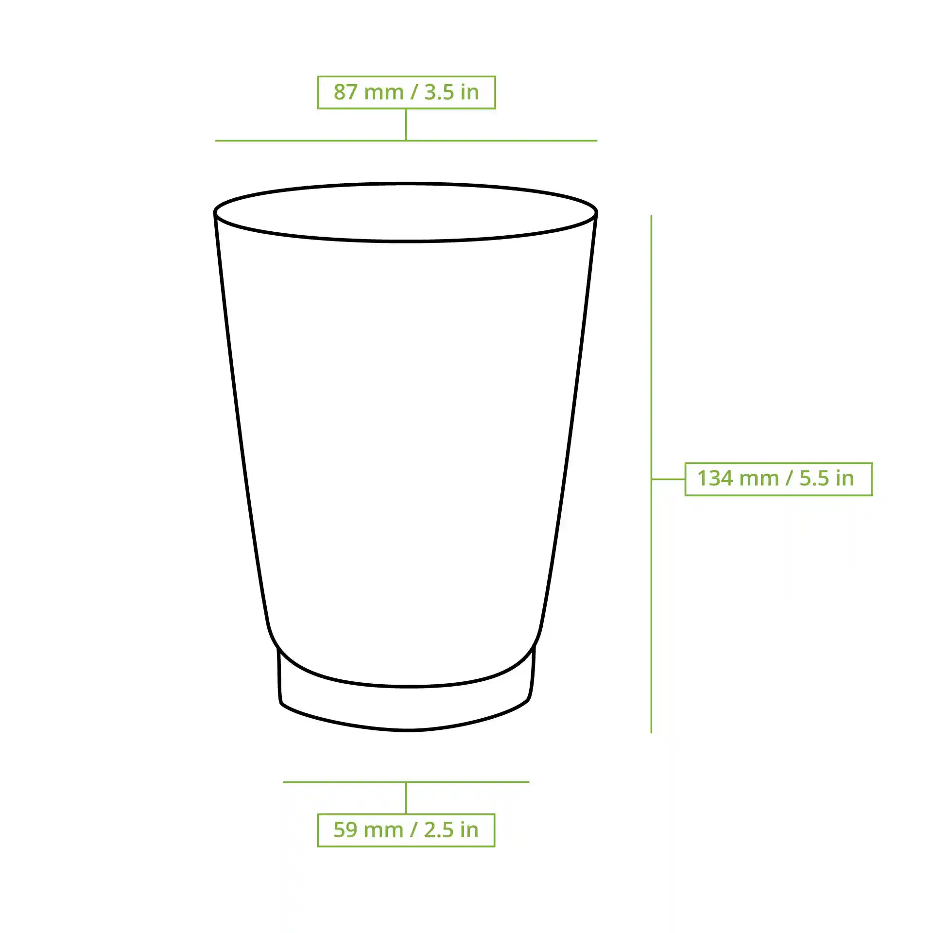 Schematische tekening van een geribde beker met afmetingen: hoogte 134 mm, diameter 90 mm en bodemdikte 59 mm.