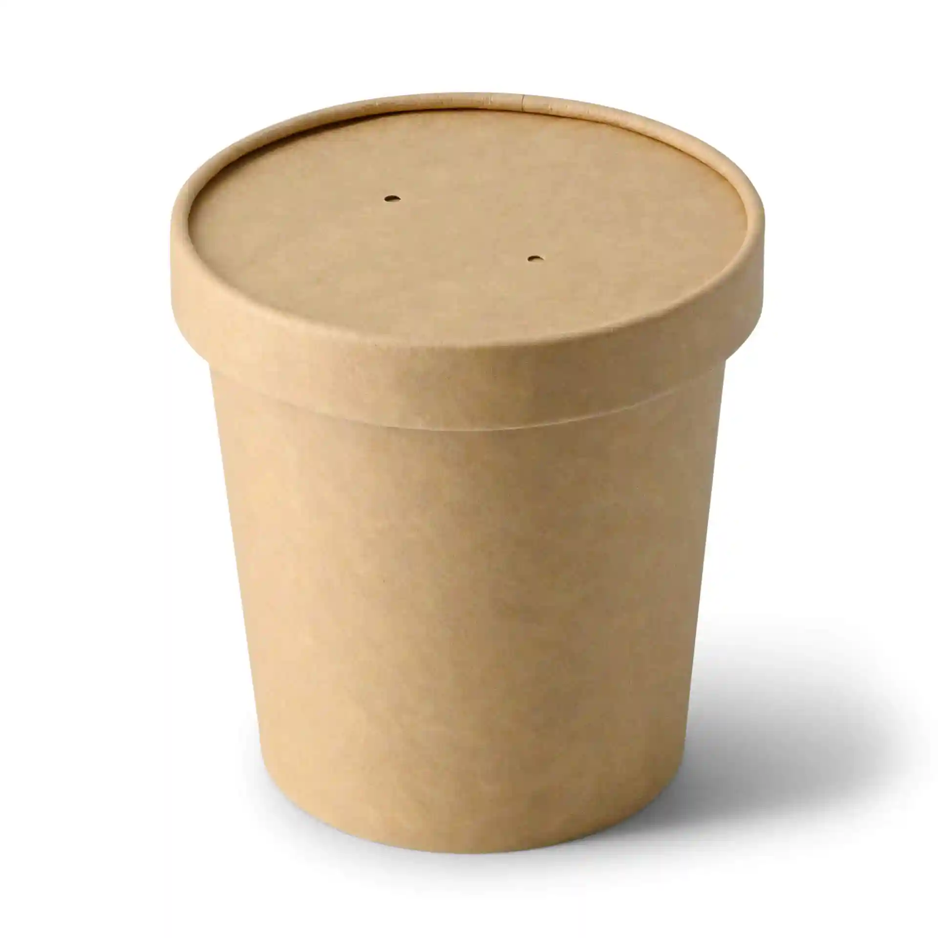 Bruine kartonnen container met een ronde vorm en een deksel met twee kleine gaatjes bovenop.