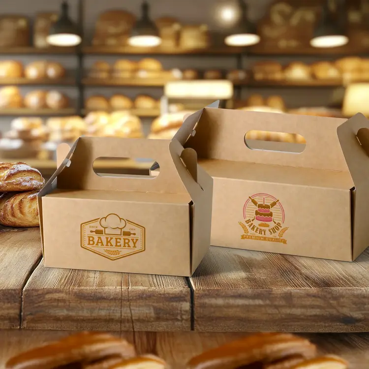 Twee bakkerijdozen met handvatten, de ene gelabeld als "BAKKERIJ" en de andere als "BAKKERIJWINKEL", op een houten oppervlak met gebak op de achtergrond.