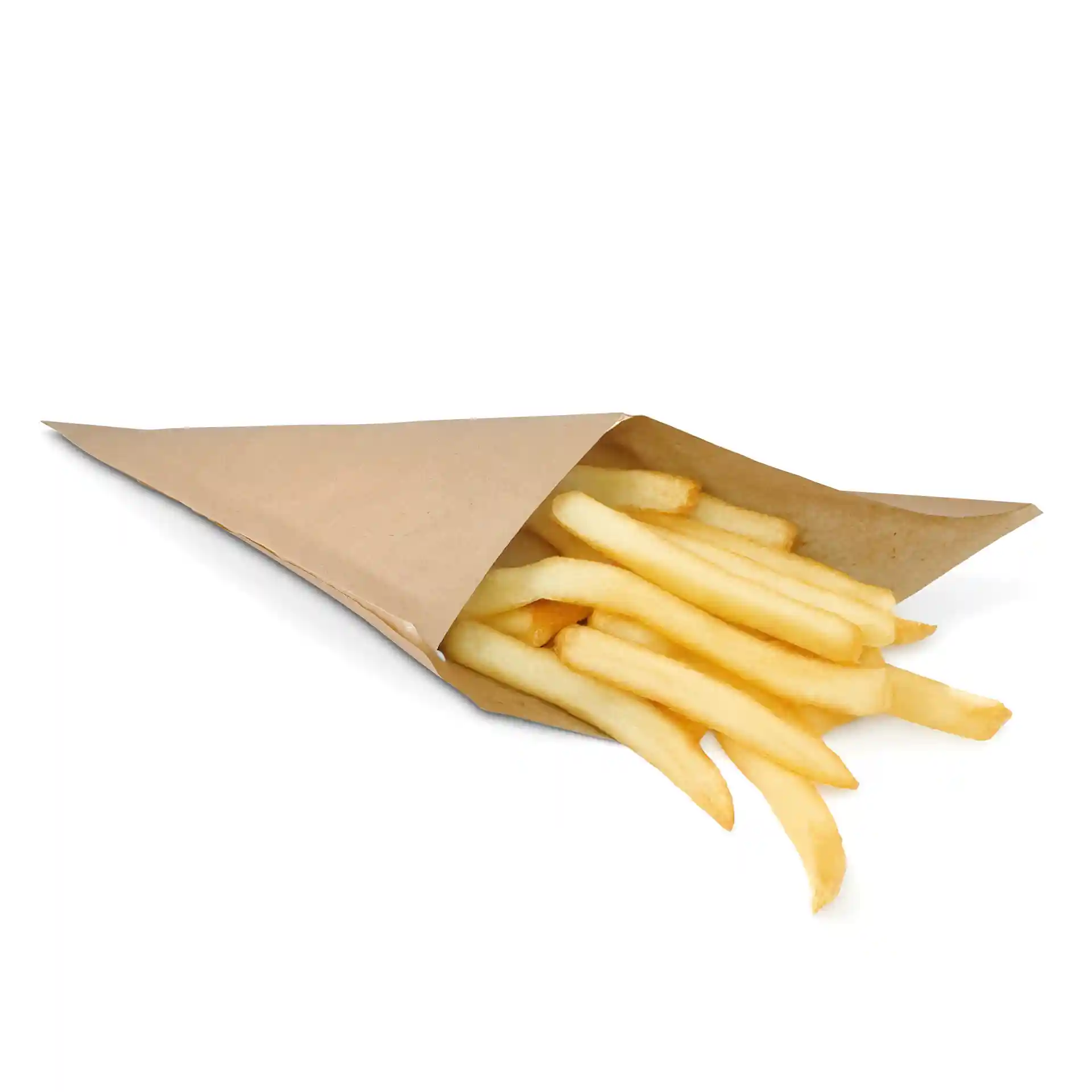 Bruine papieren zak gevuld met friet, 23 cm bij 23 cm, met een vetvrije afwerking.