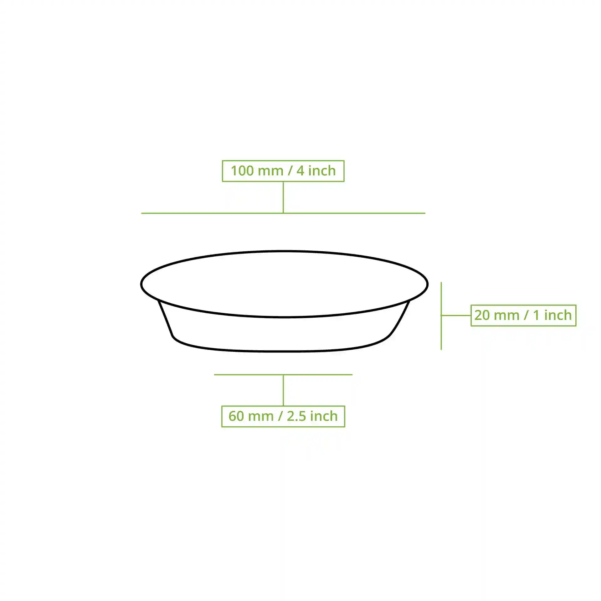 Schematische tekening van een ronde palmbladkom met afmetingen: 100 mm diameter, 20 mm hoogte en 60 mm bodemdiameter.