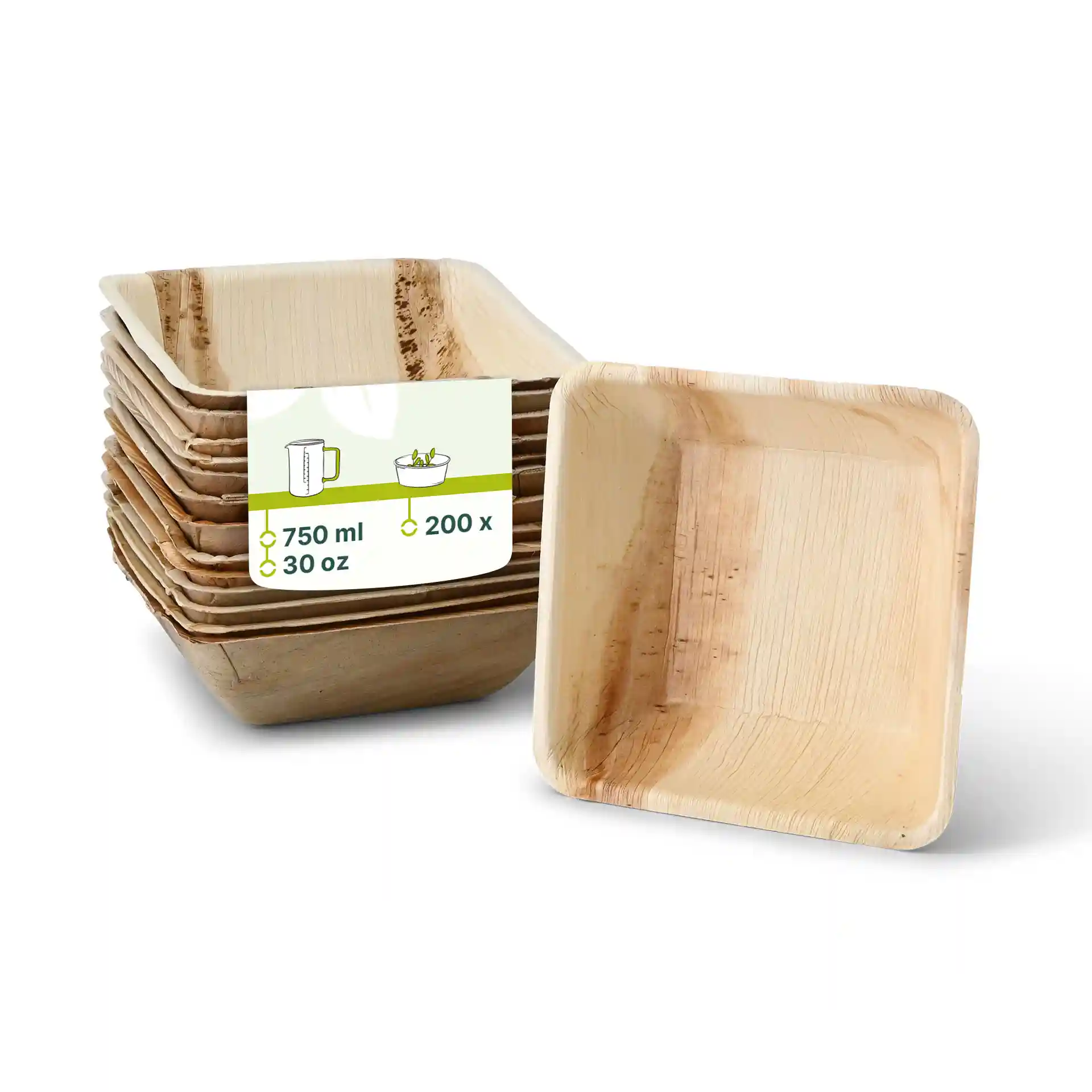 Stapel van vierkante palmbladschaal met één schaal weergegeven, toont een natuurlijke korreltextuur en een label met productdetails.