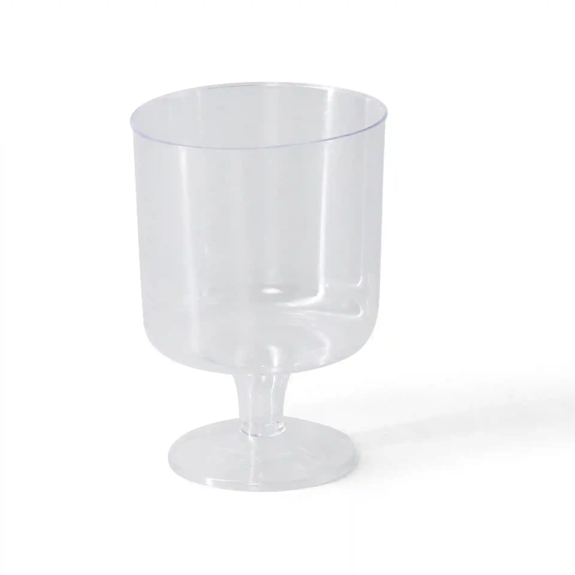 Transparante herbruikbare wijnglas met een inhoud van 200 ml, ronde basis en een hoogte van 100 mm.