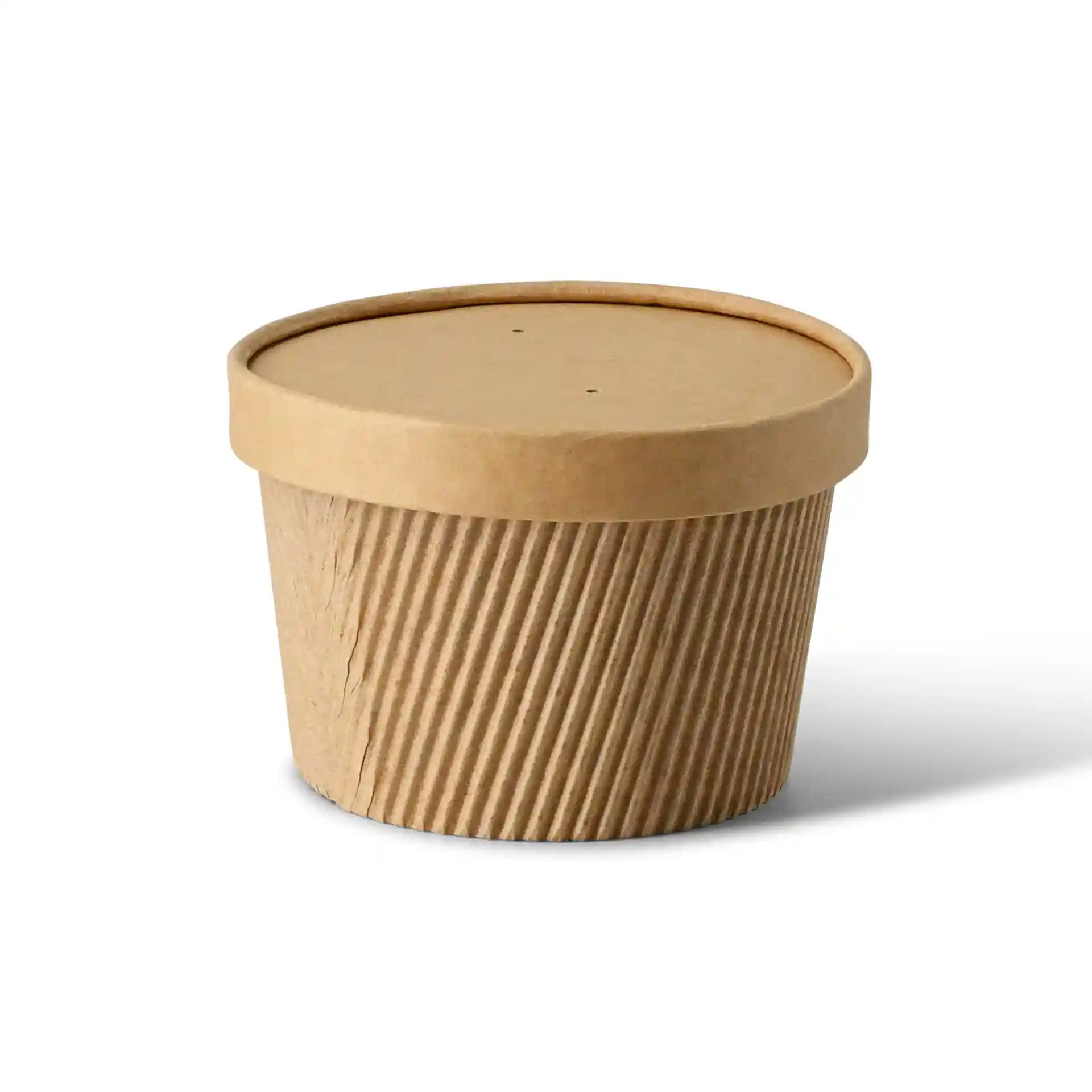 Ronde bruine kartonnen container met een deksel, met een geribbelde textuur en twee kleine gaatjes bovenop.