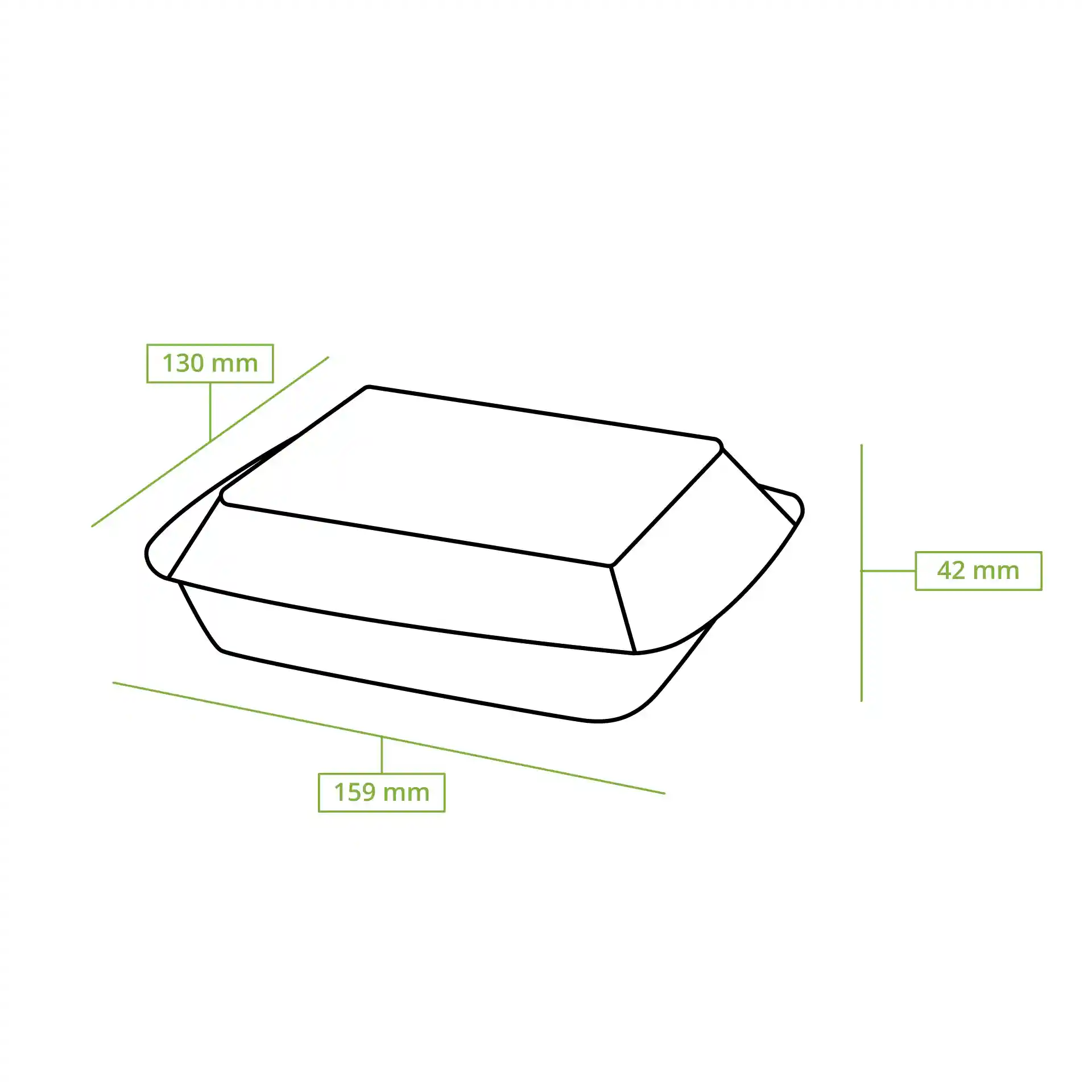Schematische tekening van een rechthoekige deli-bowl met afmetingen van 159 mm lengte, 130 mm breedte en 42 mm hoogte.