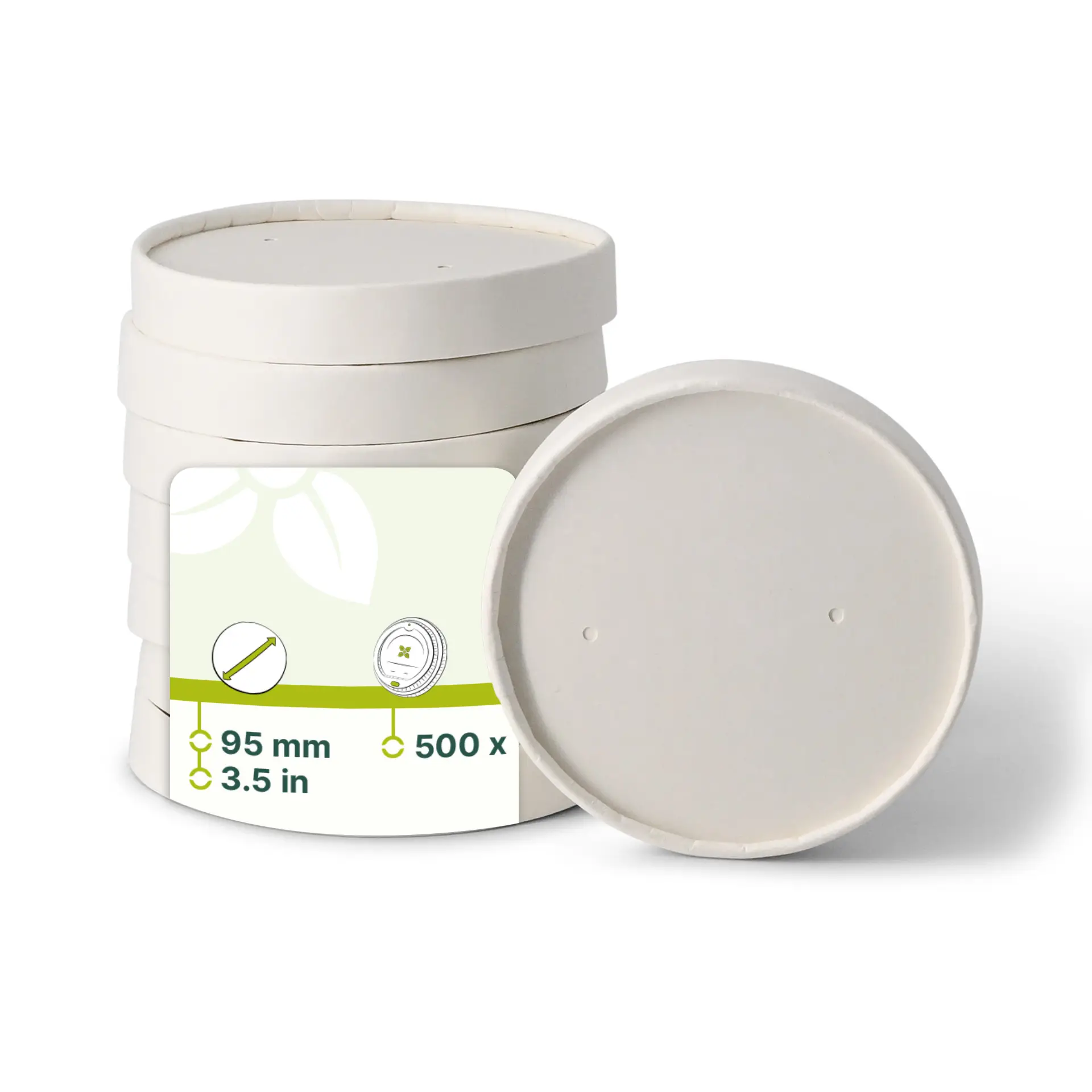 Stapeltje witte kartonnen deksels met een diameter van 95 mm, één deksel op zijn zij, met een label met iconen.