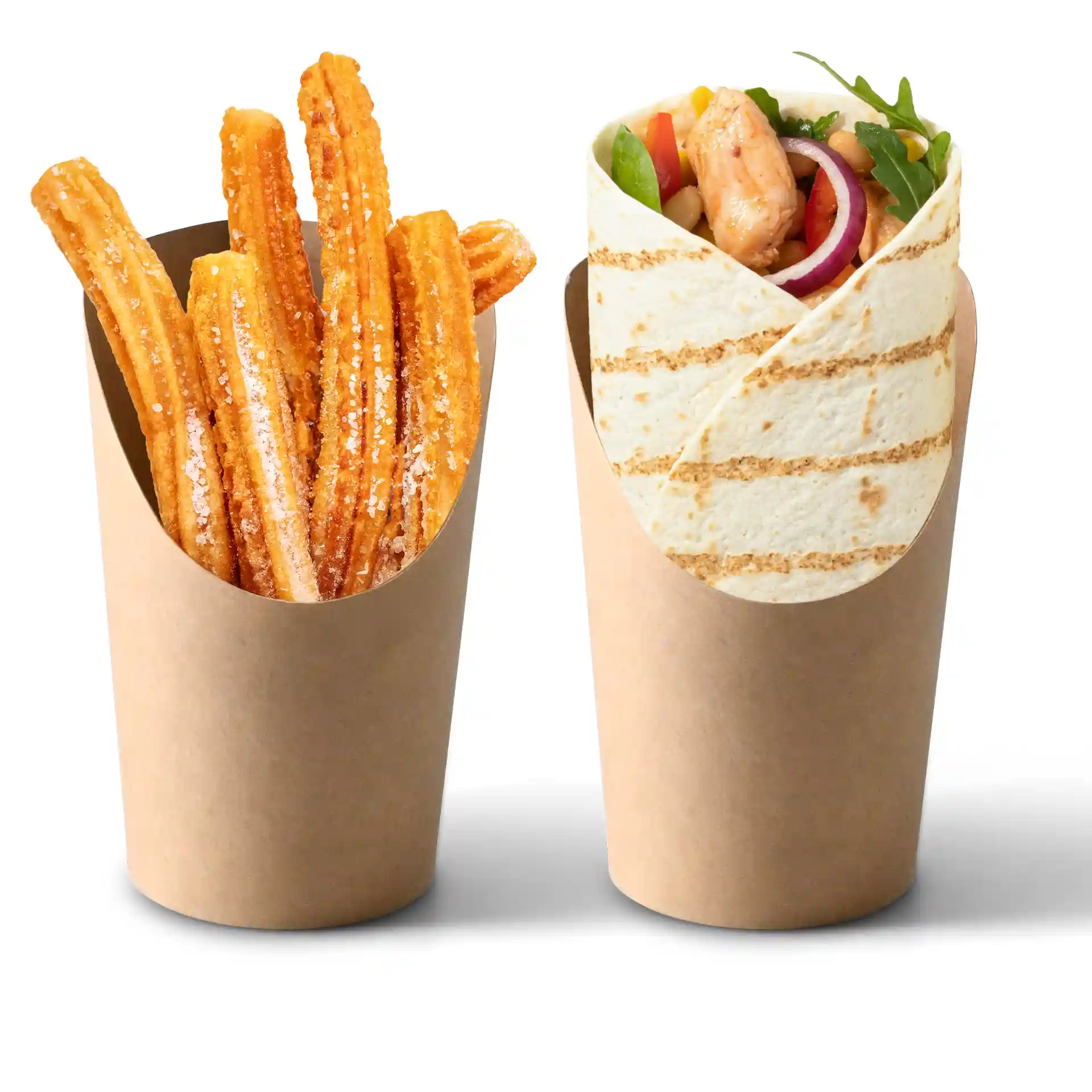 Afbeelding van twee bruine kartonnen bekers: de ene gevuld met churros en de andere met een ingepakte tortilla met vullingen.