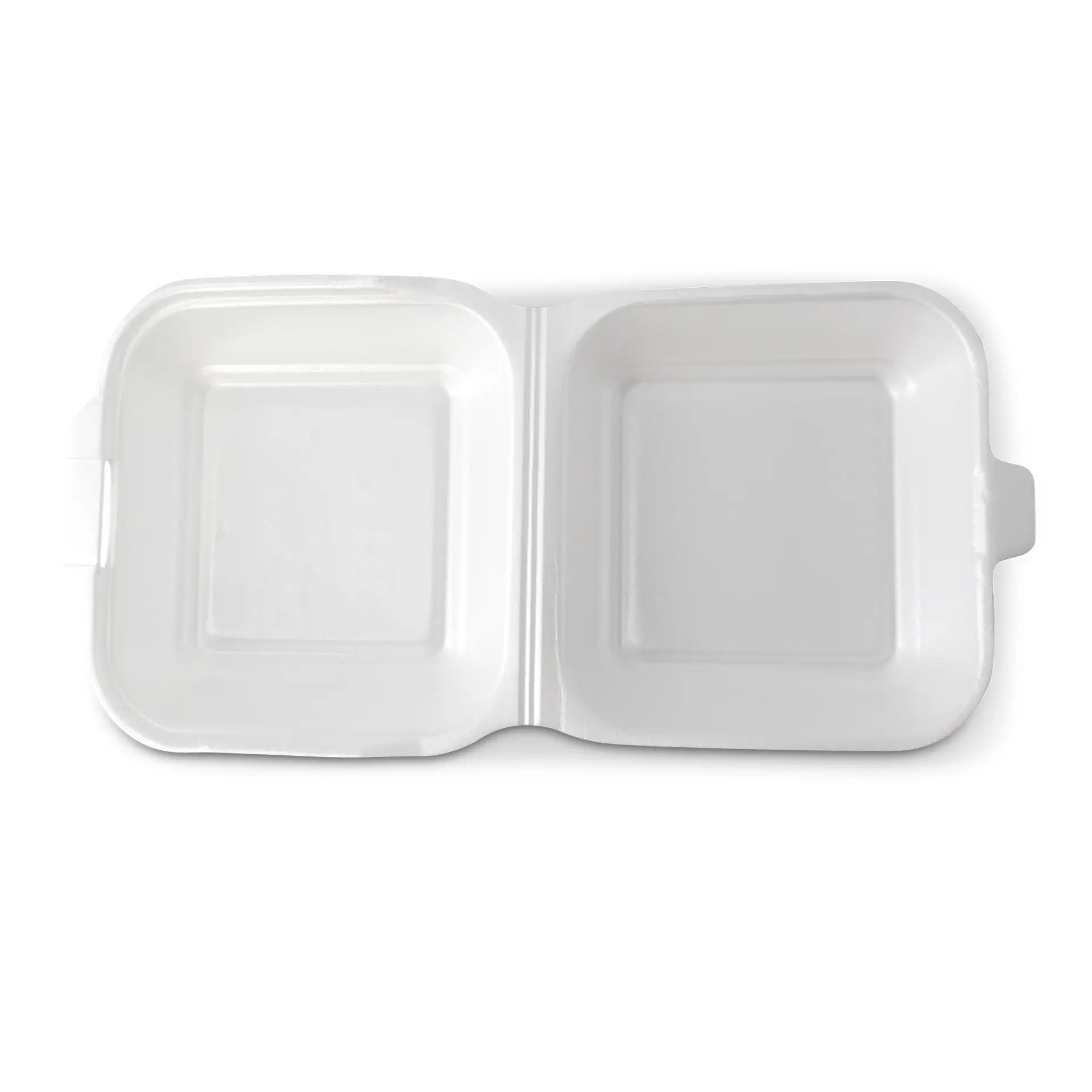 Witte voedselcontainer met twee compartimenten en een scharnierende deksel, geschikt voor afhaalmaaltijden en voedselopslag.