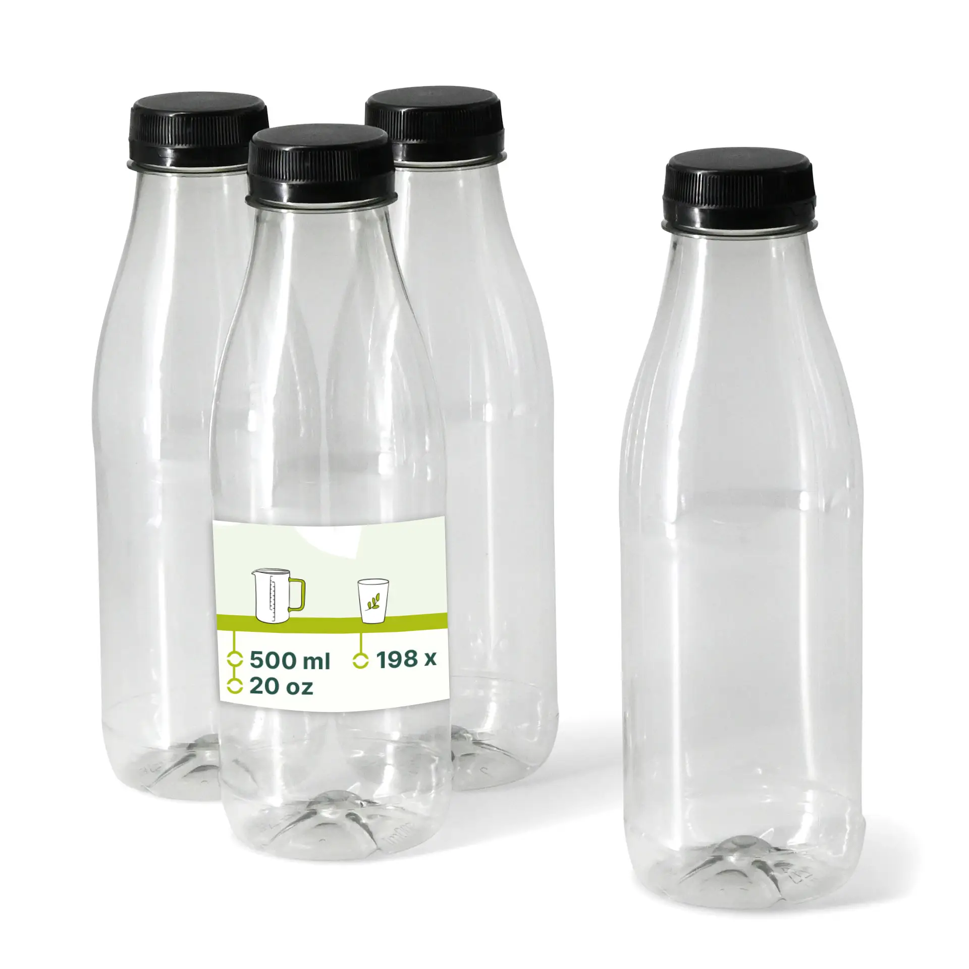 rPET flessen 500 ml / 17,5 oz, helder, deksel zwart rPET flessen 500 ml / 17,5 oz, helder, deksel zwart