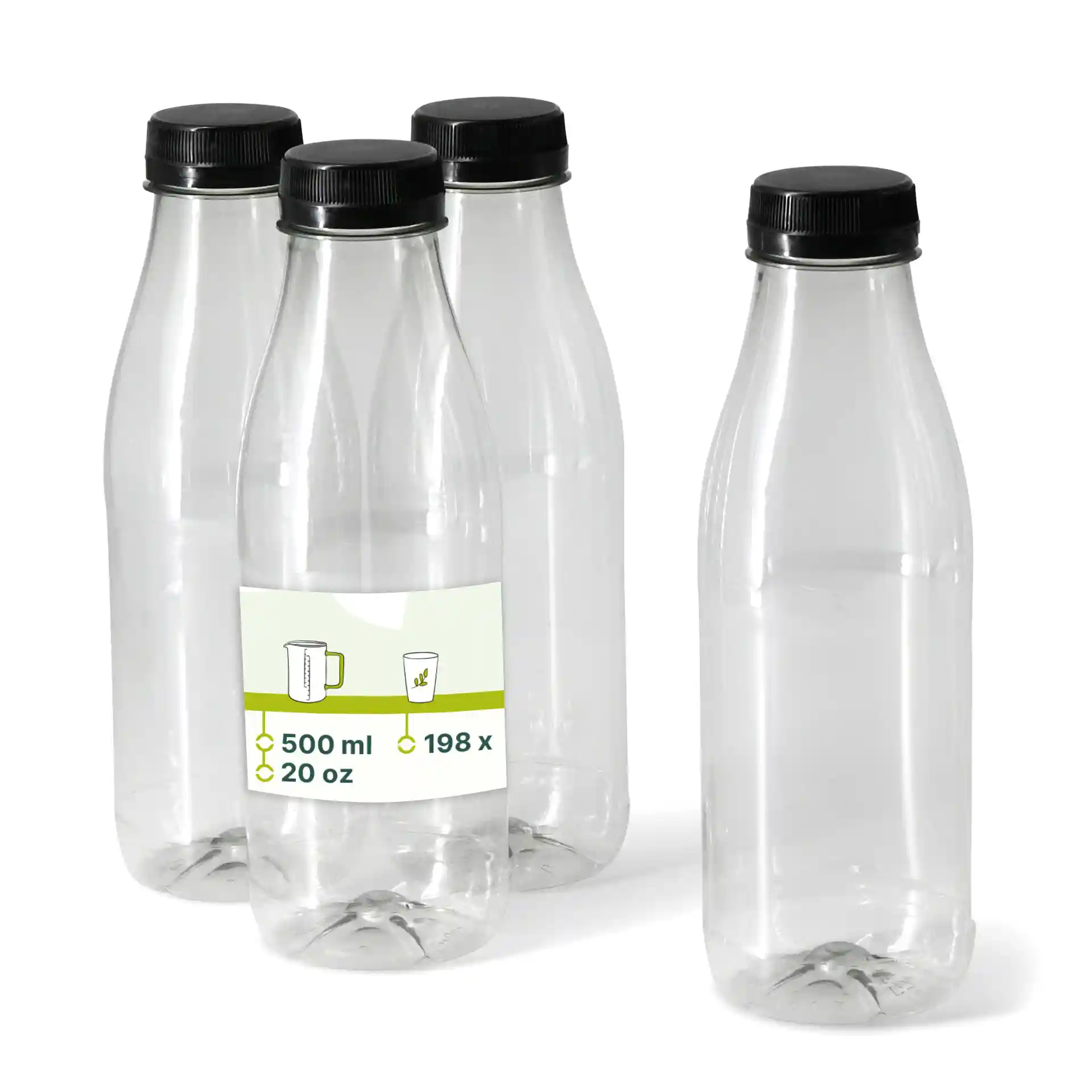 Heldere rPET-flessen met zwarte deksels, 500 ml capaciteit, weergegeven in een groep van vier.