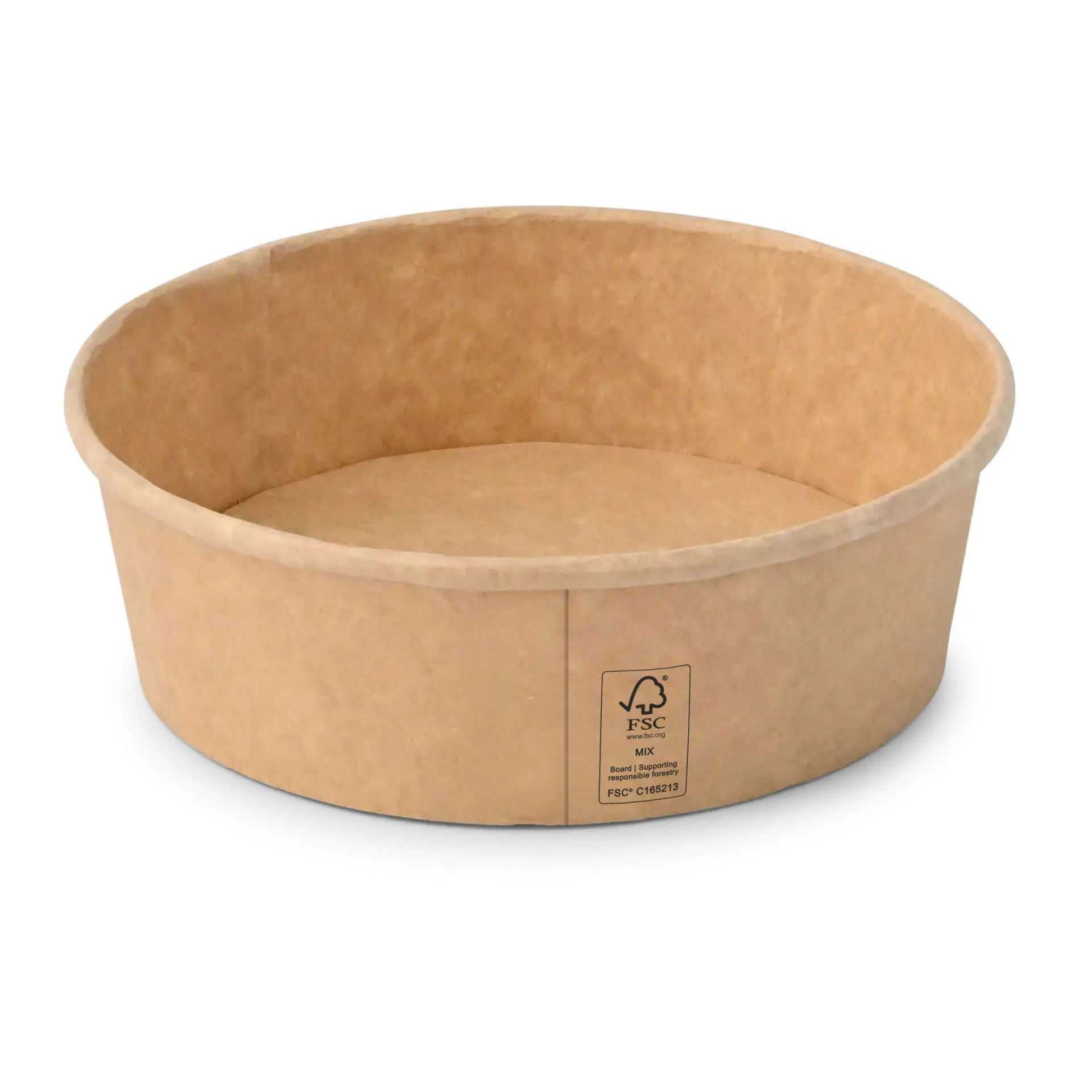 Bruine ronde papieren saladeschaal met een diameter van 150 mm en een hoogte van 52 mm.