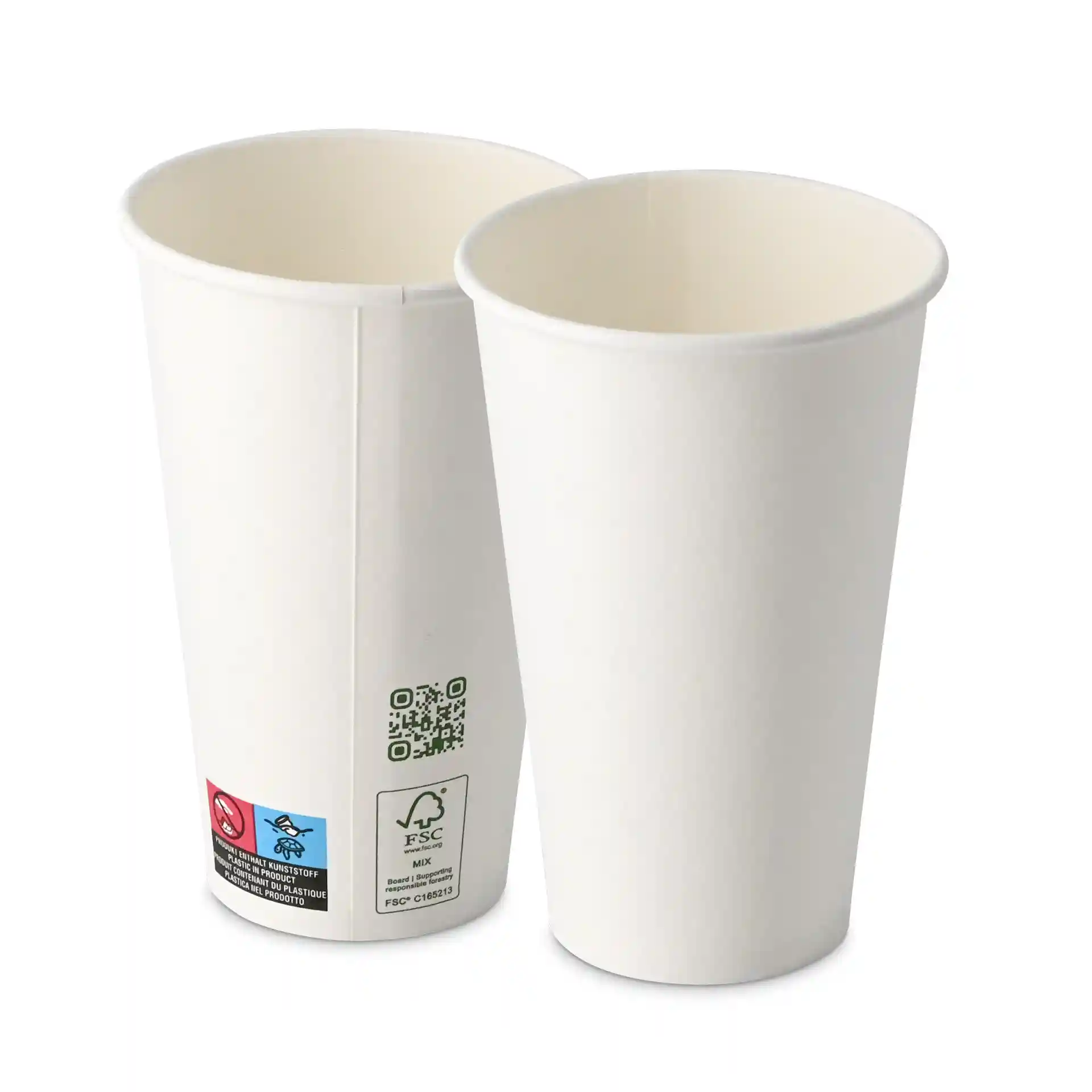 Twee witte papieren bekers, 400 ml capaciteit, enkele wand, met een diameter van 90 mm, zijaanzicht.