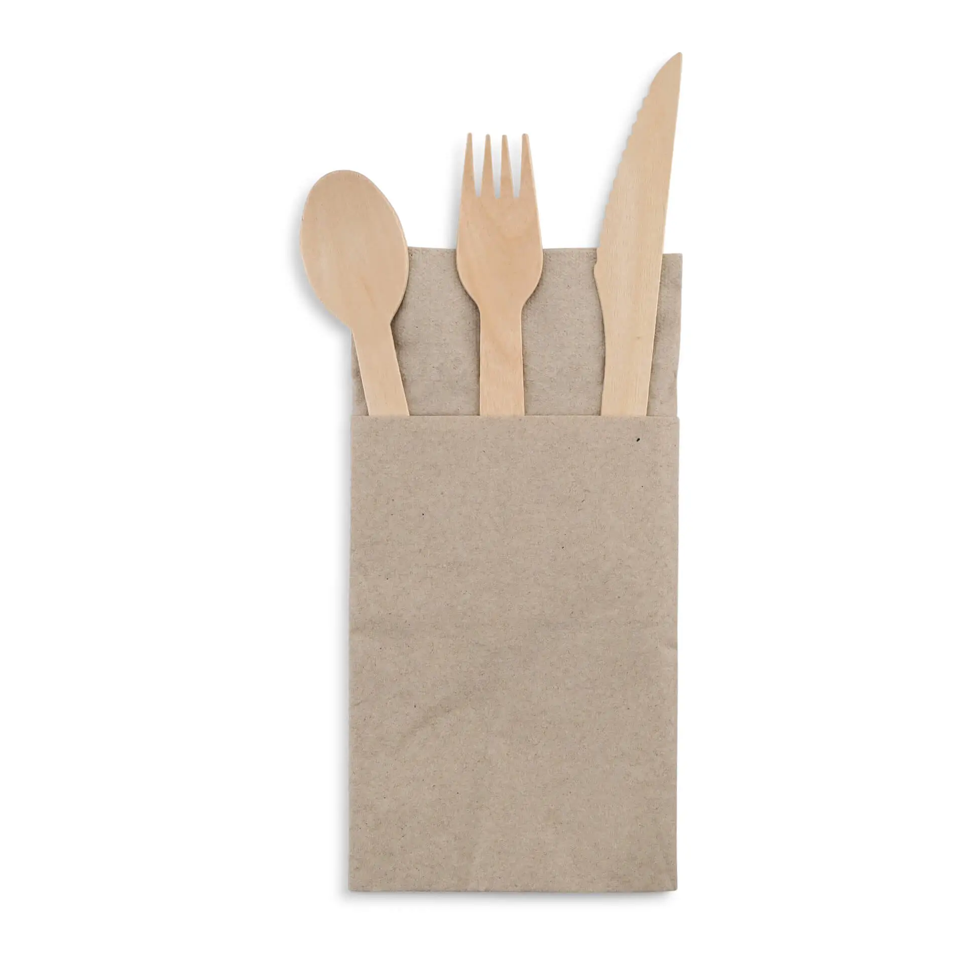 Bruine papieren zak met een houten lepel, vork en mes, met een zichtbaar recycling symbool op de bodem.