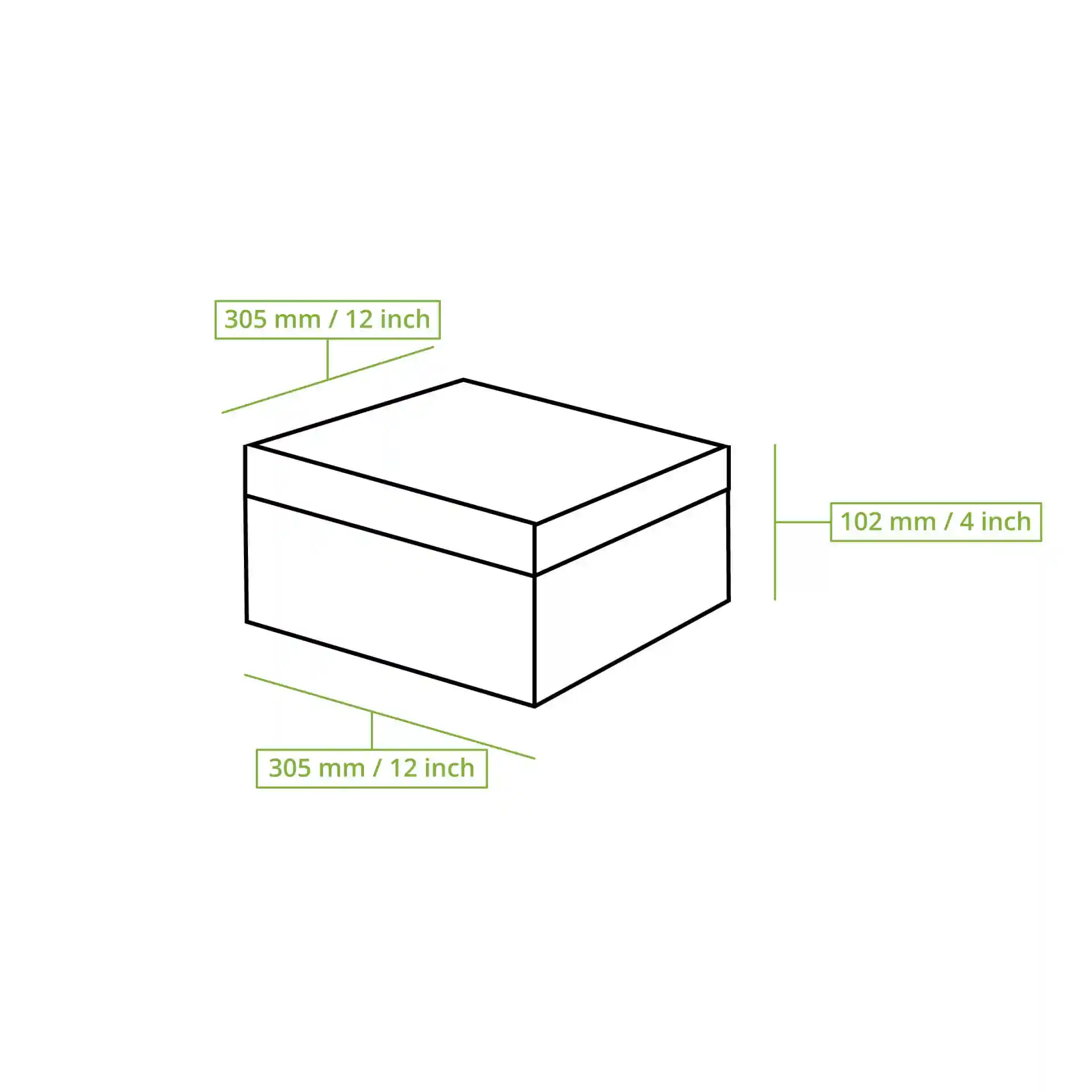 Schematische tekening van een vierkante taartdoos met afmetingen van 305 mm bij 305 mm bij 102 mm.
