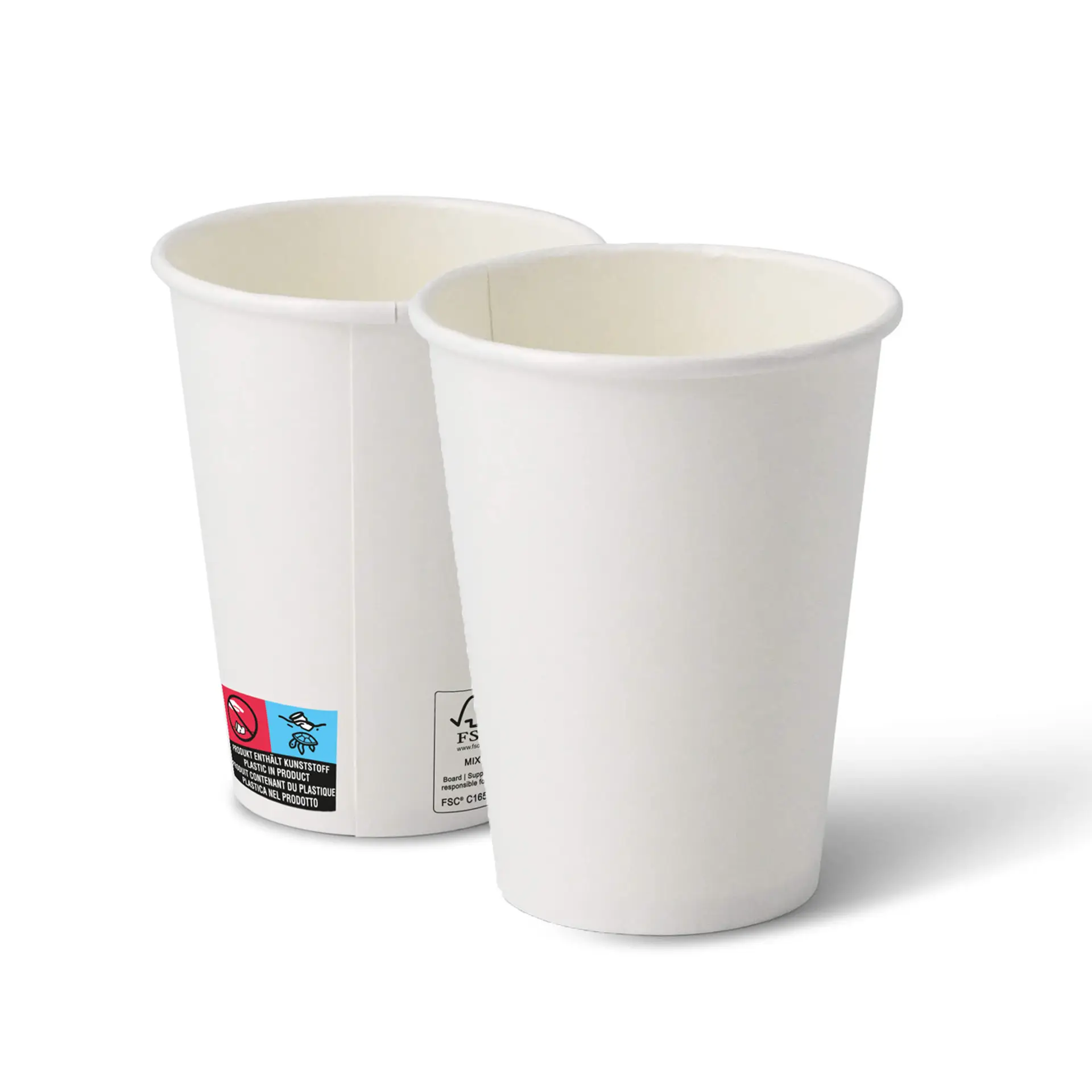 Twee 12 oz witte papieren bekers met een klassiek ontwerp; één beker toont etiketten met markeringen.