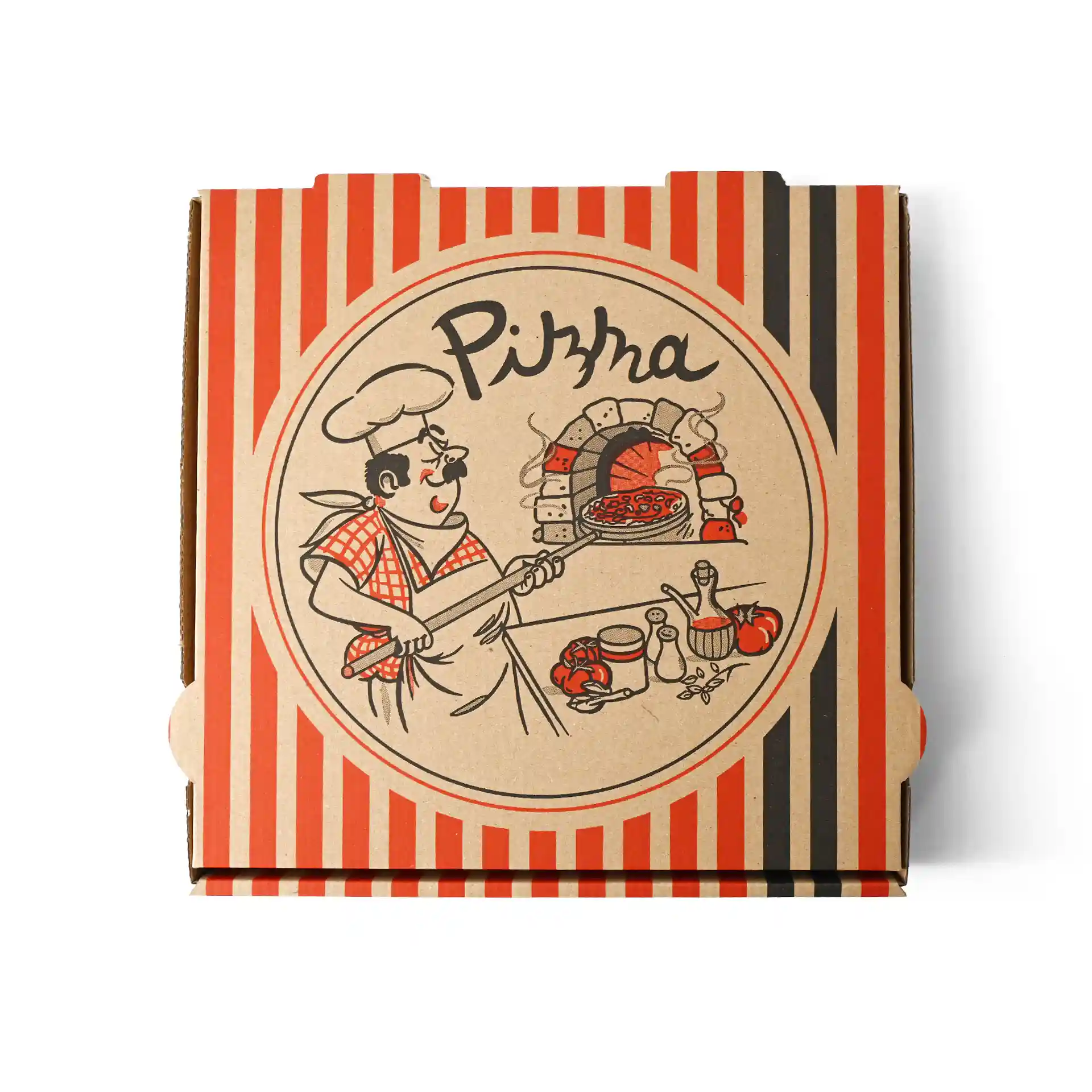 Pizzadoos met een pizzakok ontwerp, bruine kleur, afmetingen 28 x 28 x 4 cm.