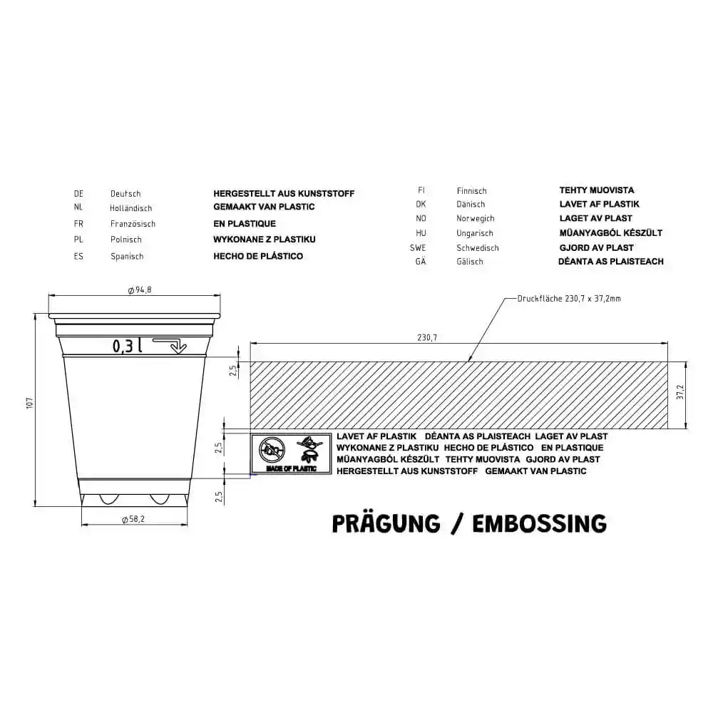 Schematische tekening van een transparante beker met afmetingen en markeringen, hoogte 107 mm en diameter 95 mm.