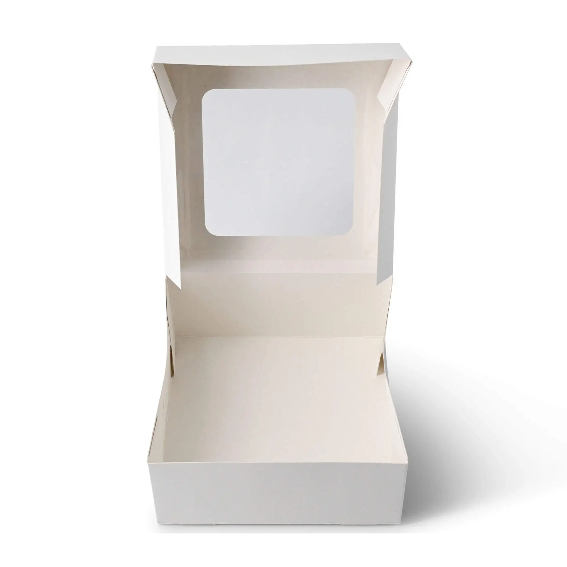 Witte cupcake-doos met cellulosevenster, ontworpen voor vier gebakken goederen zoals muffins of brownies.