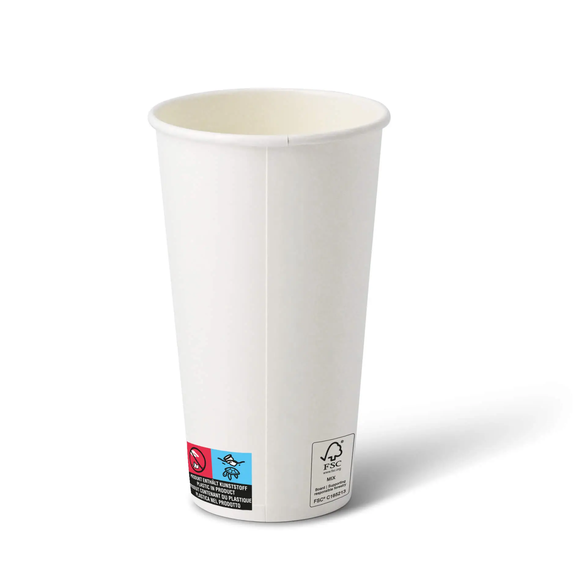 Witte 20 oz papieren beker met ronde vorm en coating, met een label met symbolen aan de zijkant.