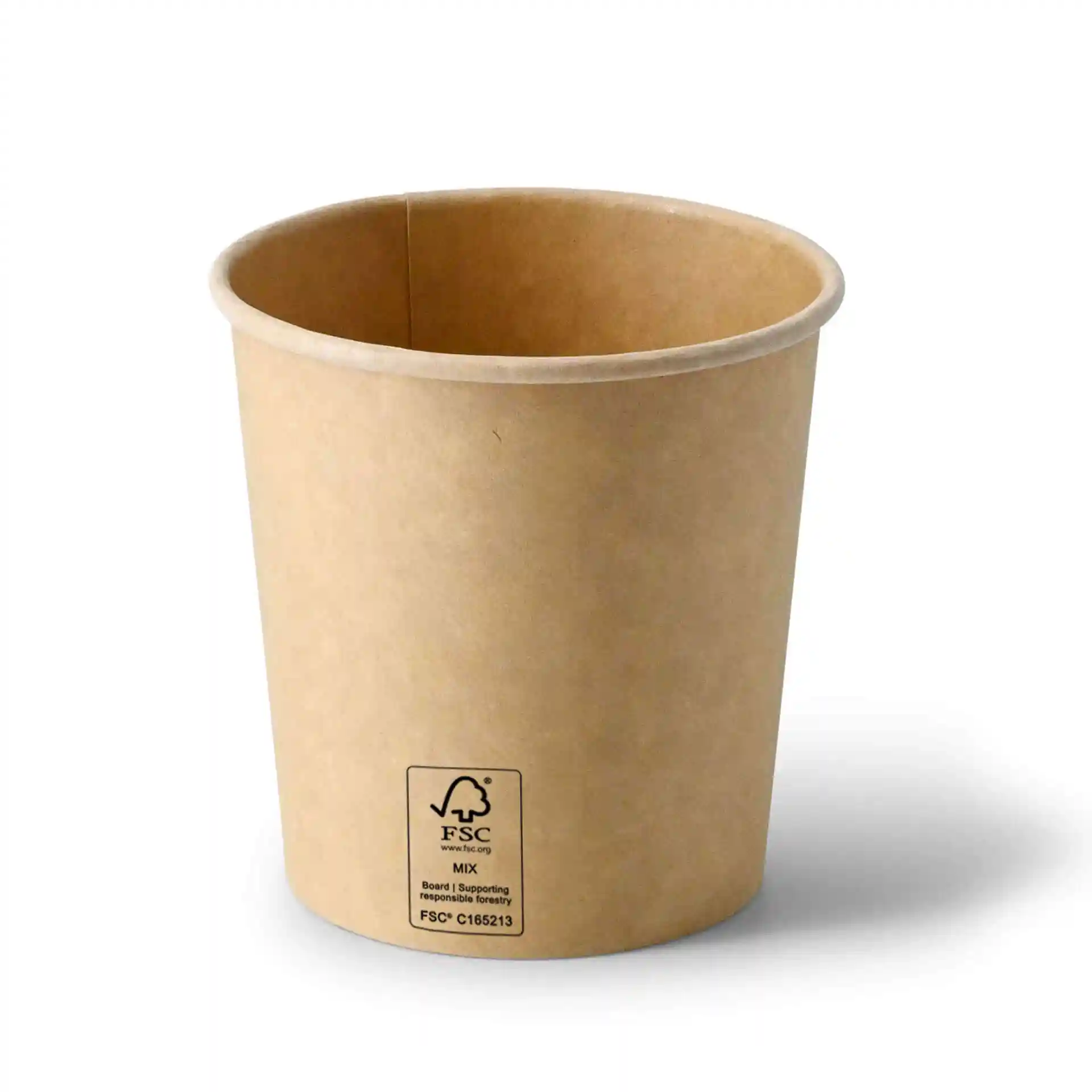 Bruine kartonnen takeaway-soepcontainer, 16 oz, ronde vorm, met coating, toont de binnenkant en de bodem.