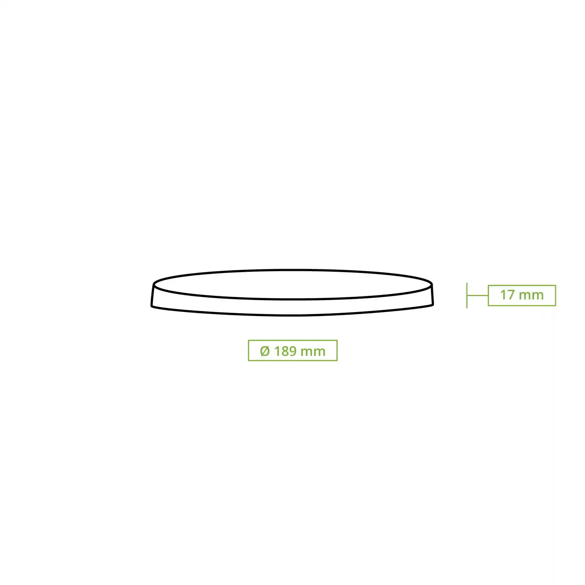 Schematische tekening van een ronde bekerdeksel met een diameter van 189 mm en een hoogte van 17 mm.