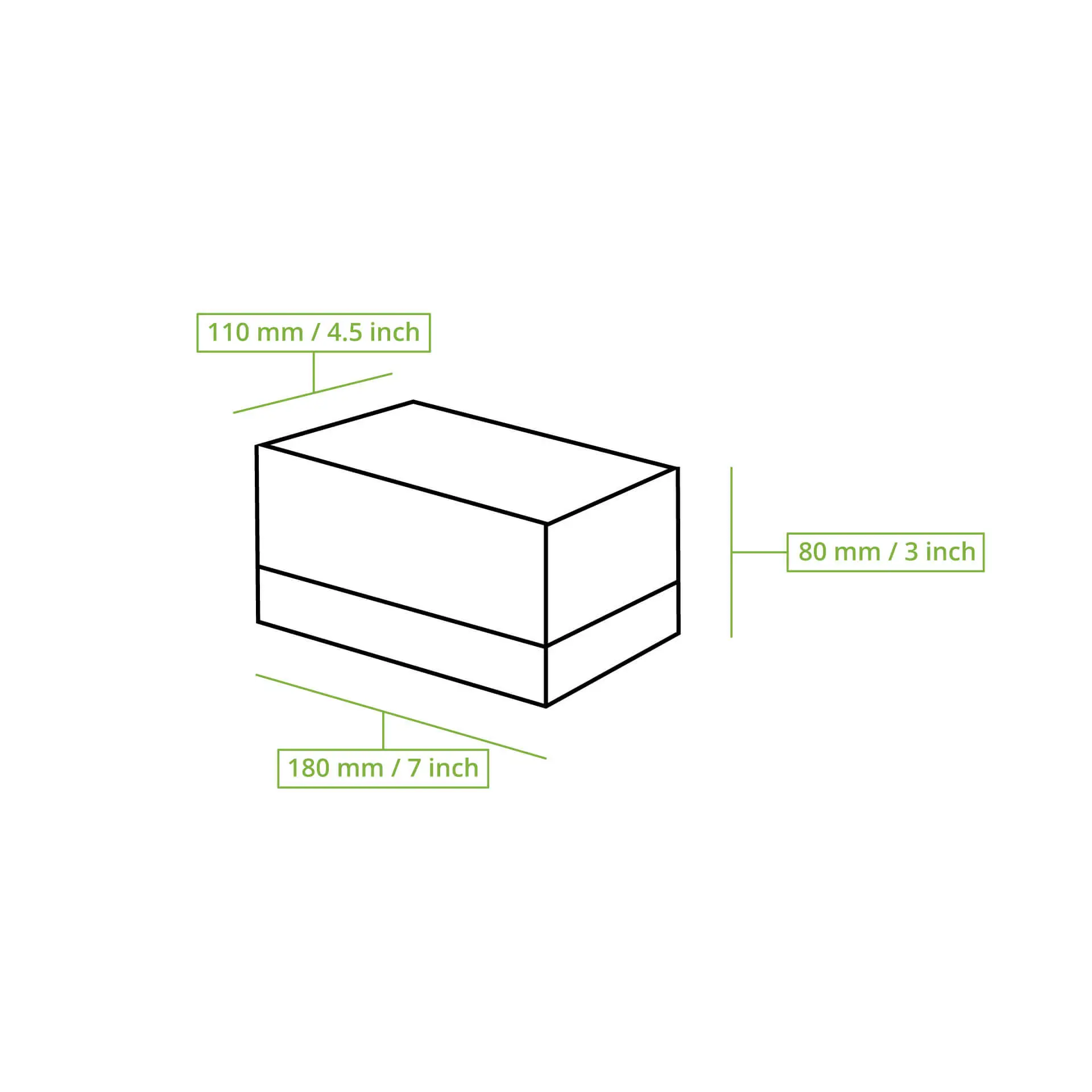 Illustratie van een 2-delige witte cupcakesdoos met afmetingen: 180 mm (7 inch) lengte, 110 mm (4,5 inch) hoogte, 80 mm (3 inch) breedte.