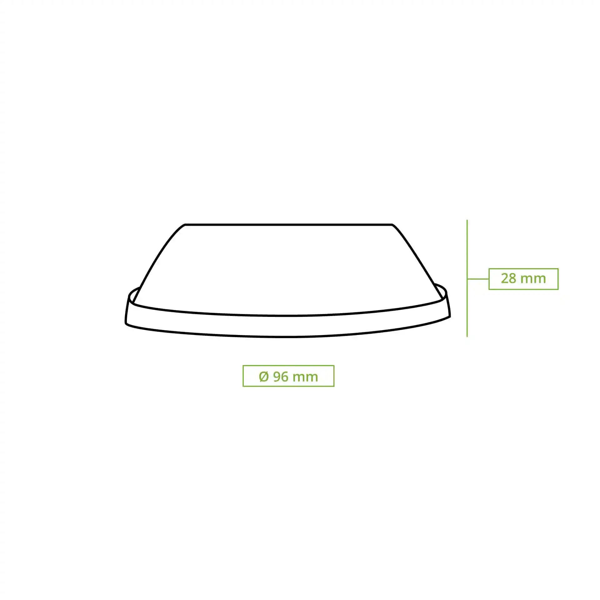 Schematische tekening van een transparante PLA-deksel met een diameter van 96 mm en een hoogte van 28 mm.