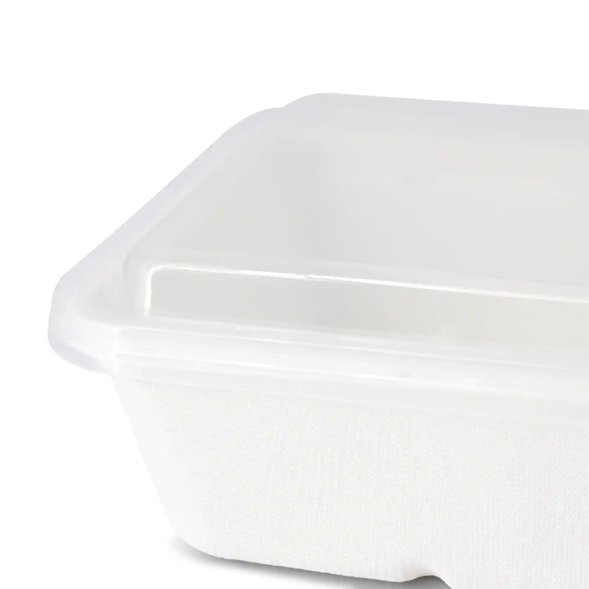 Transparante rechthoekige PP-deksel van 17 x 12 cm, schuin weergegeven met een gestructureerde onderkant.