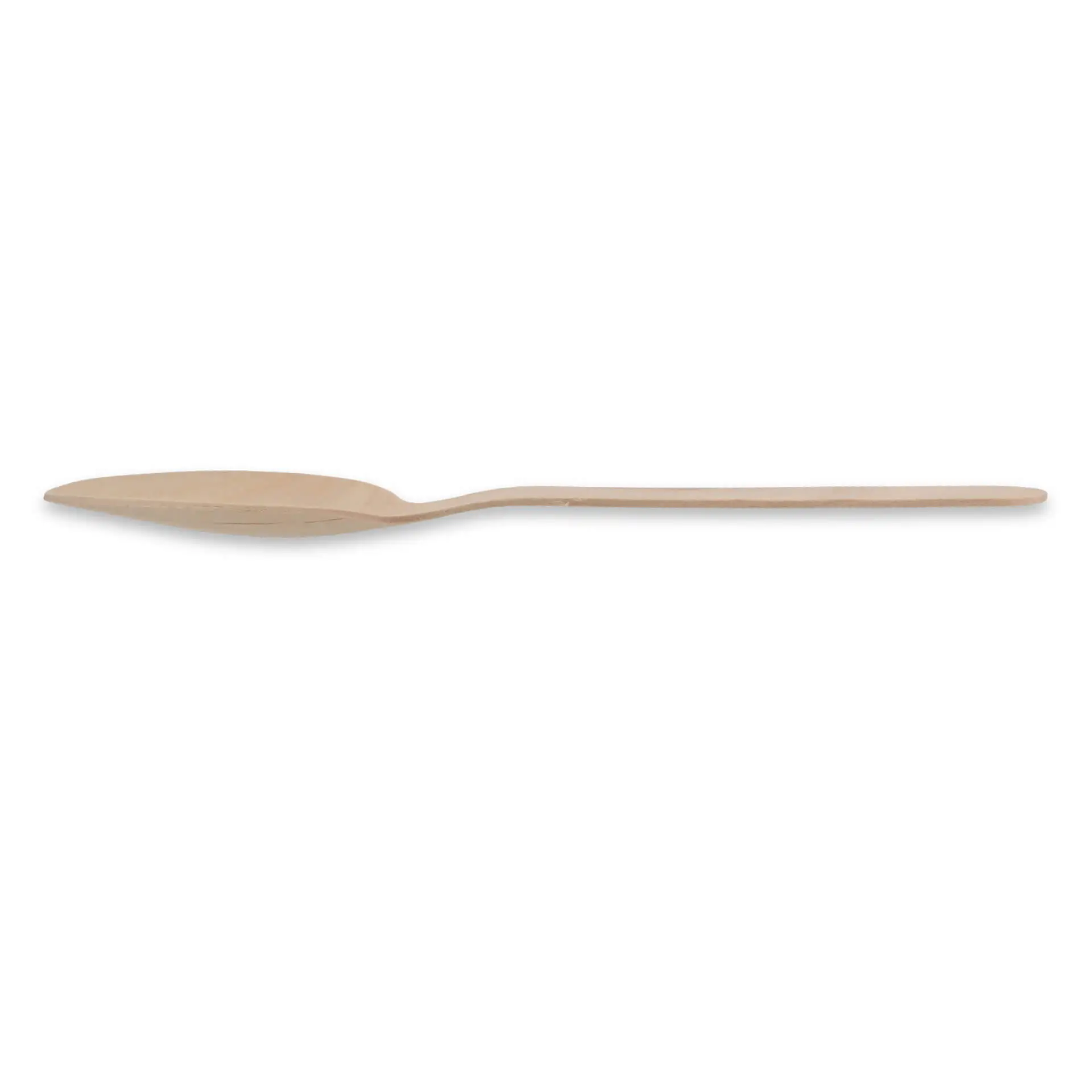 Houten lepel, 18 cm lang, met een bruine kleur en een gladde afwerking, op een effen achtergrond.