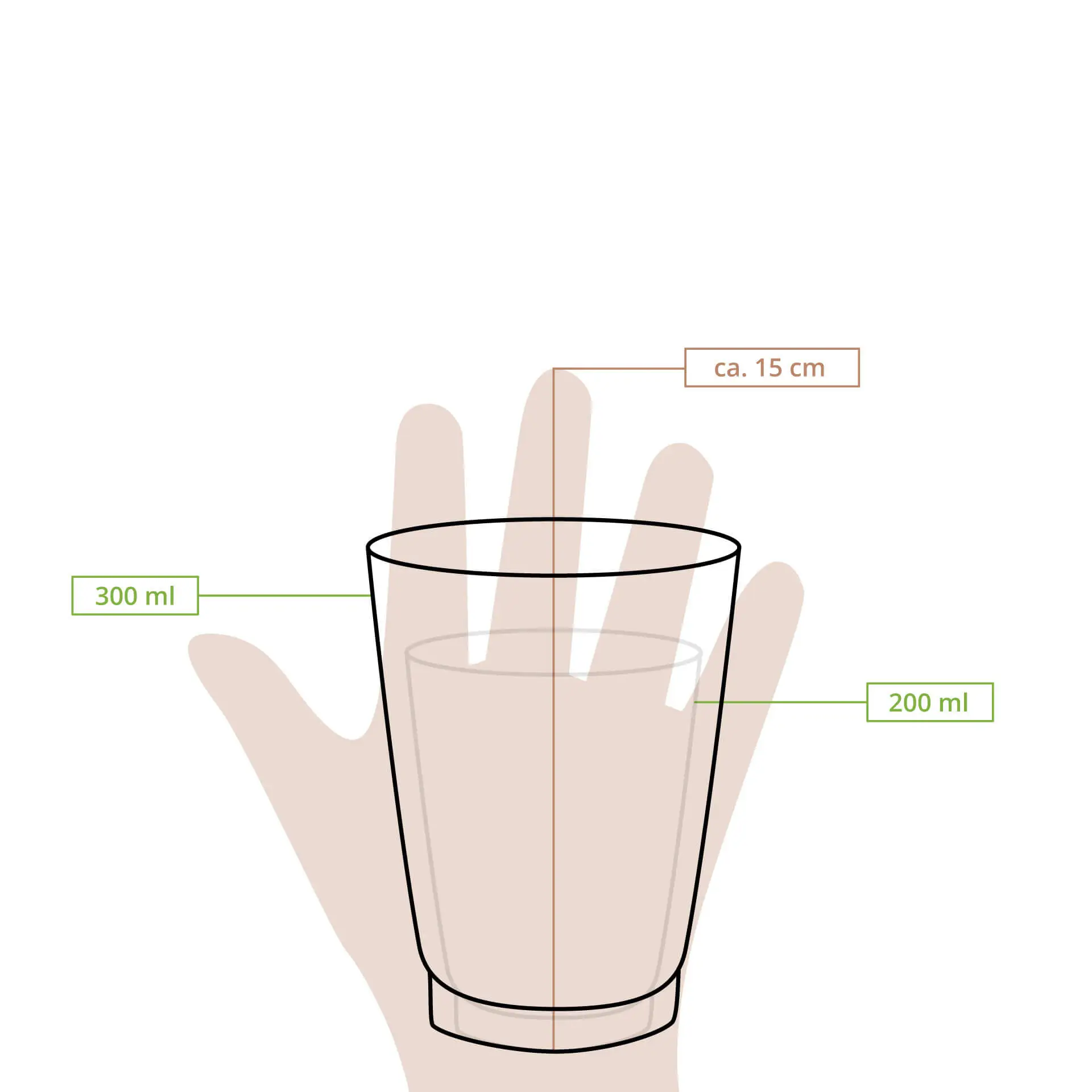 Een dubbele wand witte beker, 300 ml capaciteit, met een handsilhouet voor maatreferentie; afmetingen gemarkeerd.