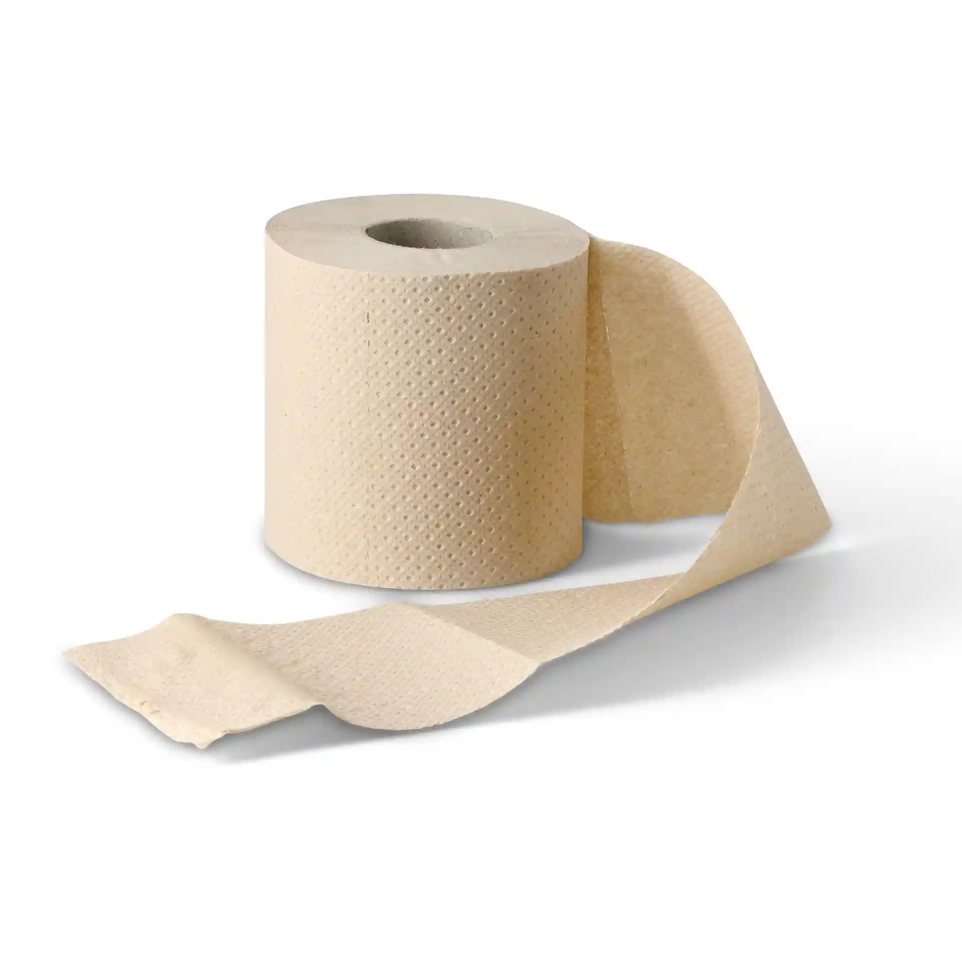 Bruine 2-laags toiletpapierrol van gerecycled papier, toont een gedeeltelijk uitgerold vel.
