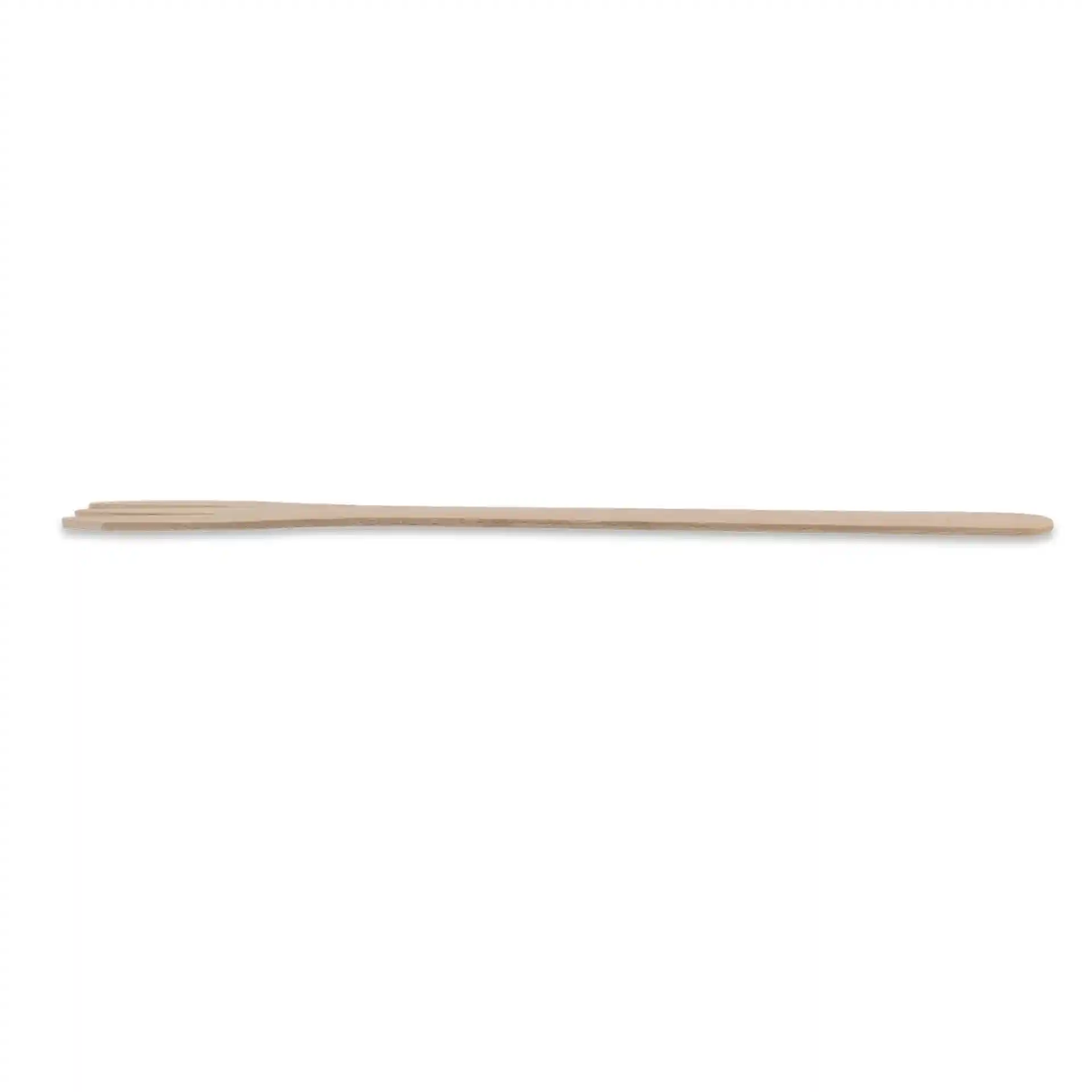 Houten chipvork met drie tanden, 17,5 cm lang, op een effen achtergrond.