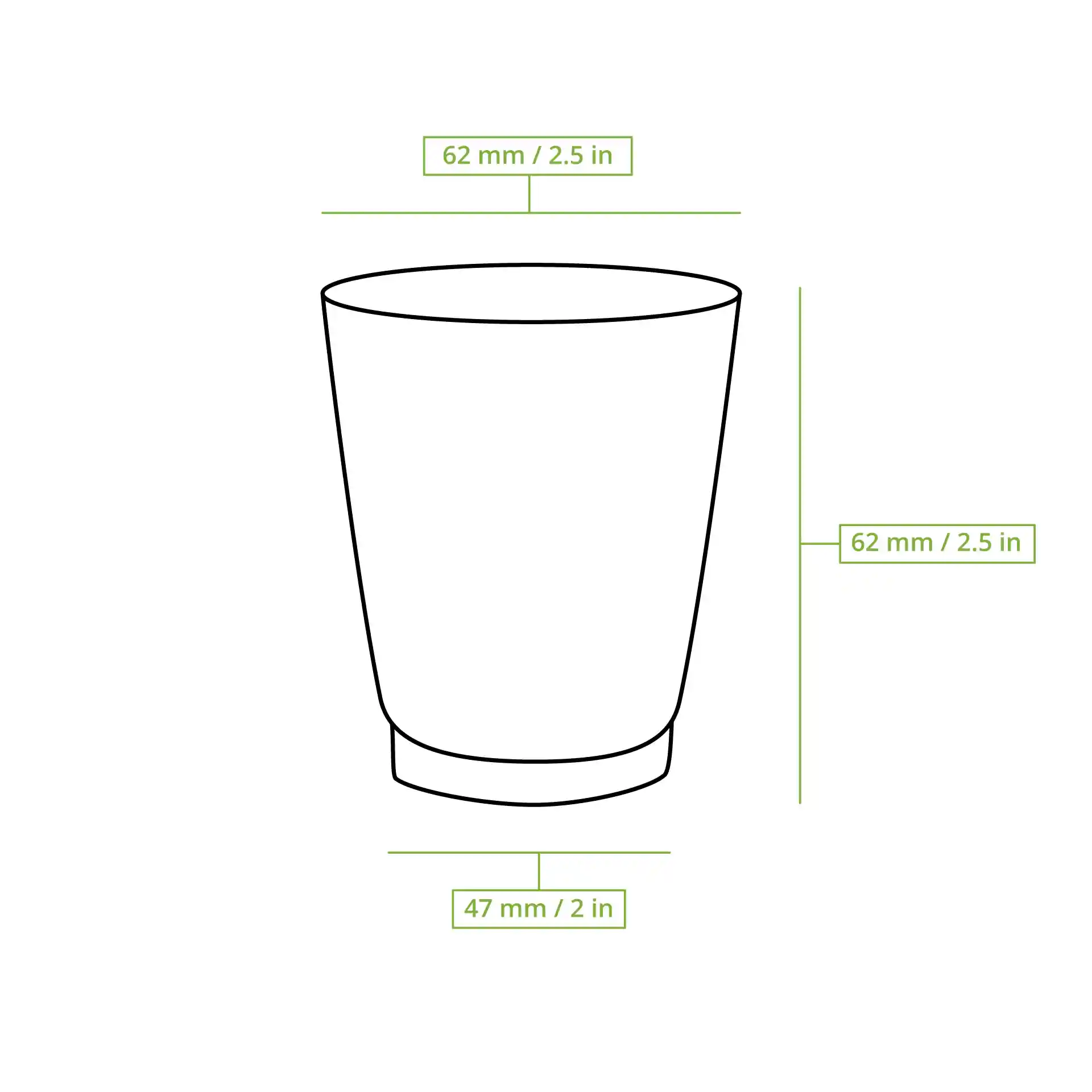 Schematische tekening van een geribde beker met afmetingen: 62 mm diameter, 63 mm hoogte en 47 mm bodemdiameter.