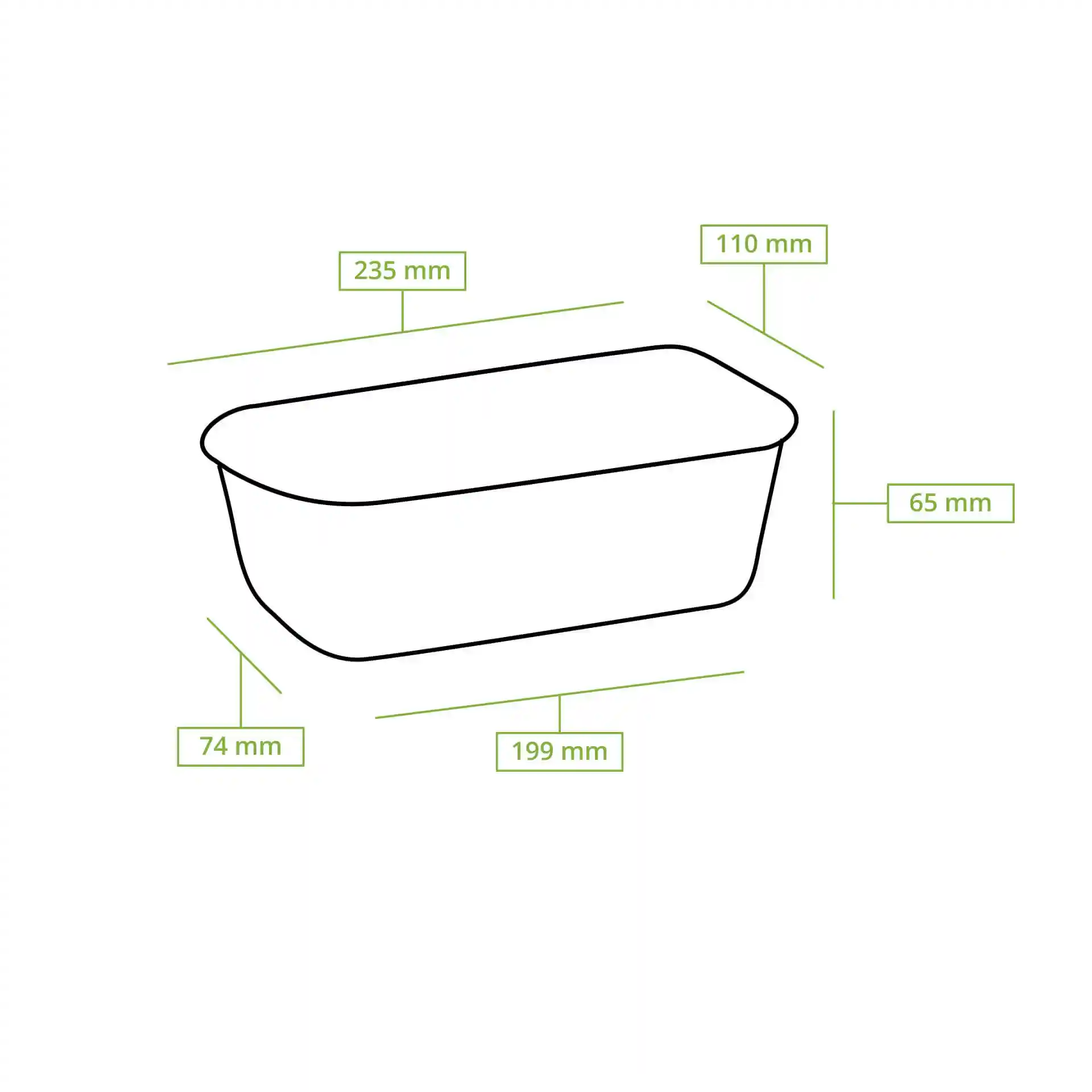 Schematische tekening van een rechthoekige bakvorm met dimensielijnen die 235 mm lengte, 110 mm breedte en 65 mm hoogte aangeven.