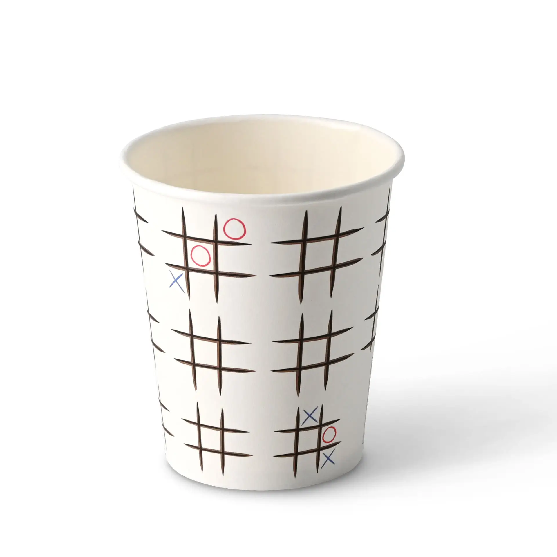 Bedrukte kartonnen beker "Tic Tac Toe" 200 ml / 8 oz, Ø 80 mm, wit