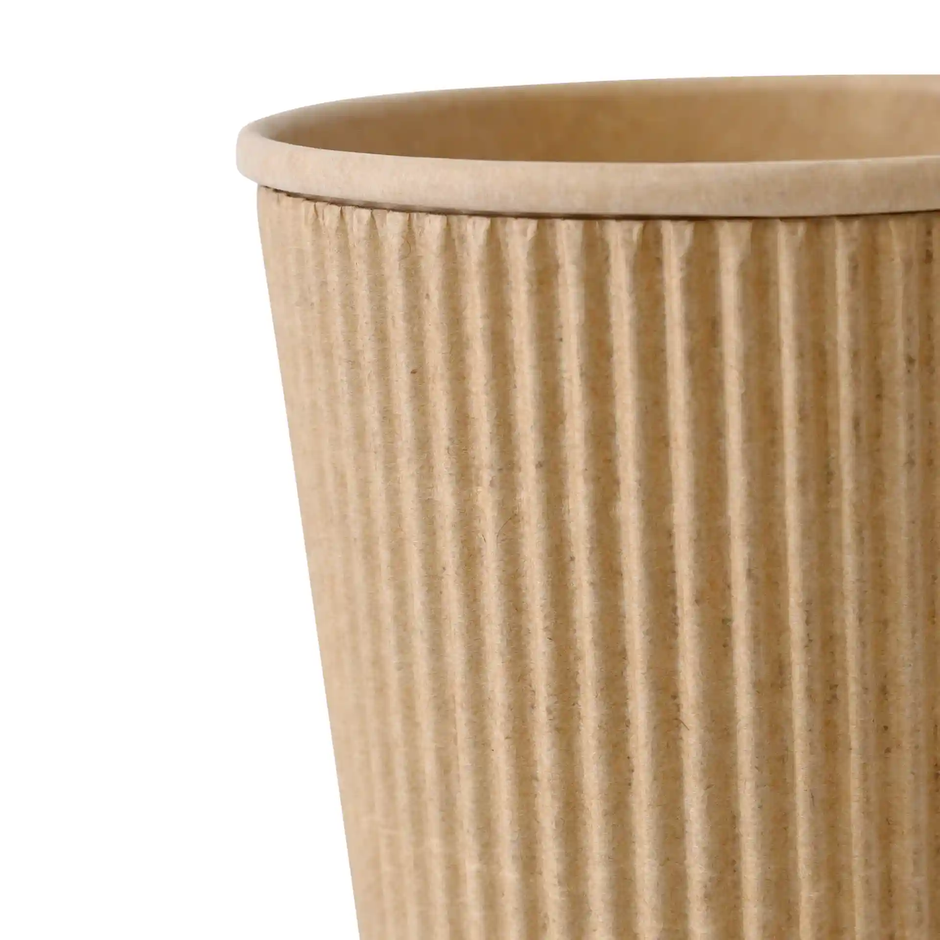 Geribbelde kraftpapier beker met een diameter van 90 mm en een hoogte van 112 mm, geschikt voor dranken.
