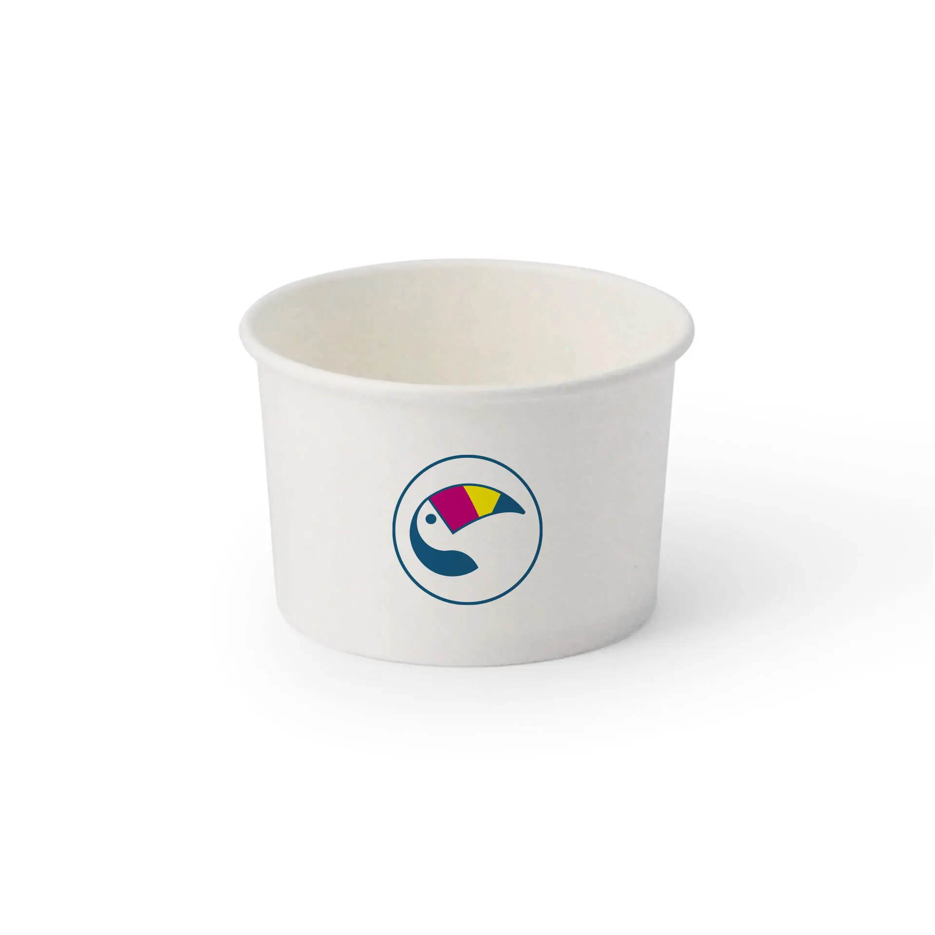 Witte ijsbekers met een kleurrijk toucan-logo, 200 ml / 8 oz formaat, PE-gecoat materiaal.