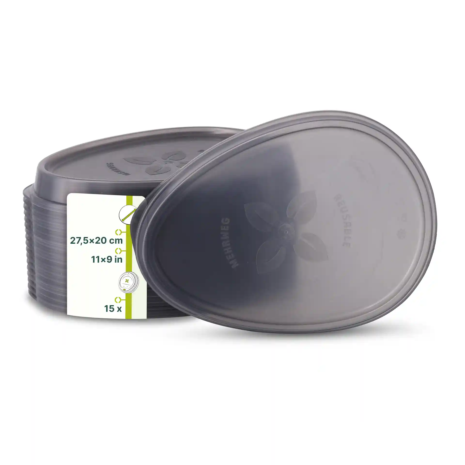 Grijze ovale herbruikbare deksel van PP, afmetingen 27,5 x 20 cm, met een label met productdetails.