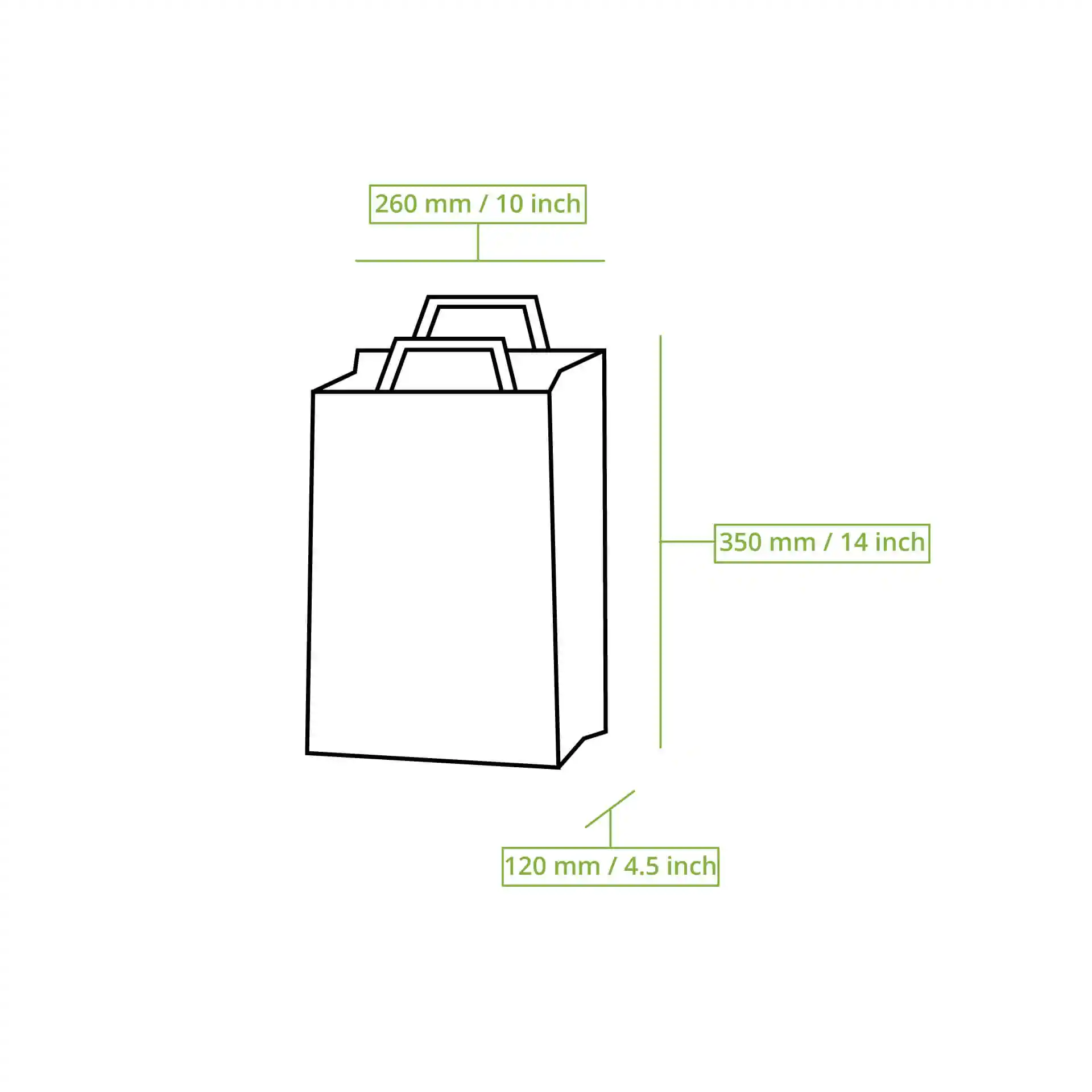 Schematische tekening van een bruine papieren draagtas met afmetingen: 260 mm lengte, 120 mm breedte, 350 mm hoogte.