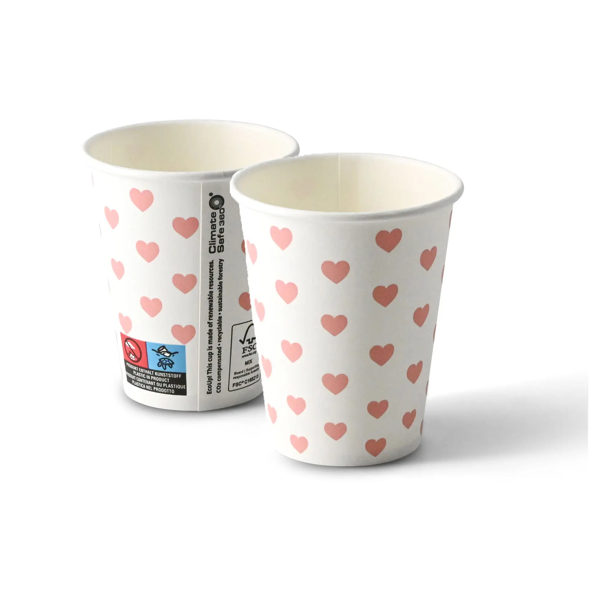 Papieren beker bedrukt "Hearts" (gecoat) 200 ml / 8 oz, Ø 80 mm, wit