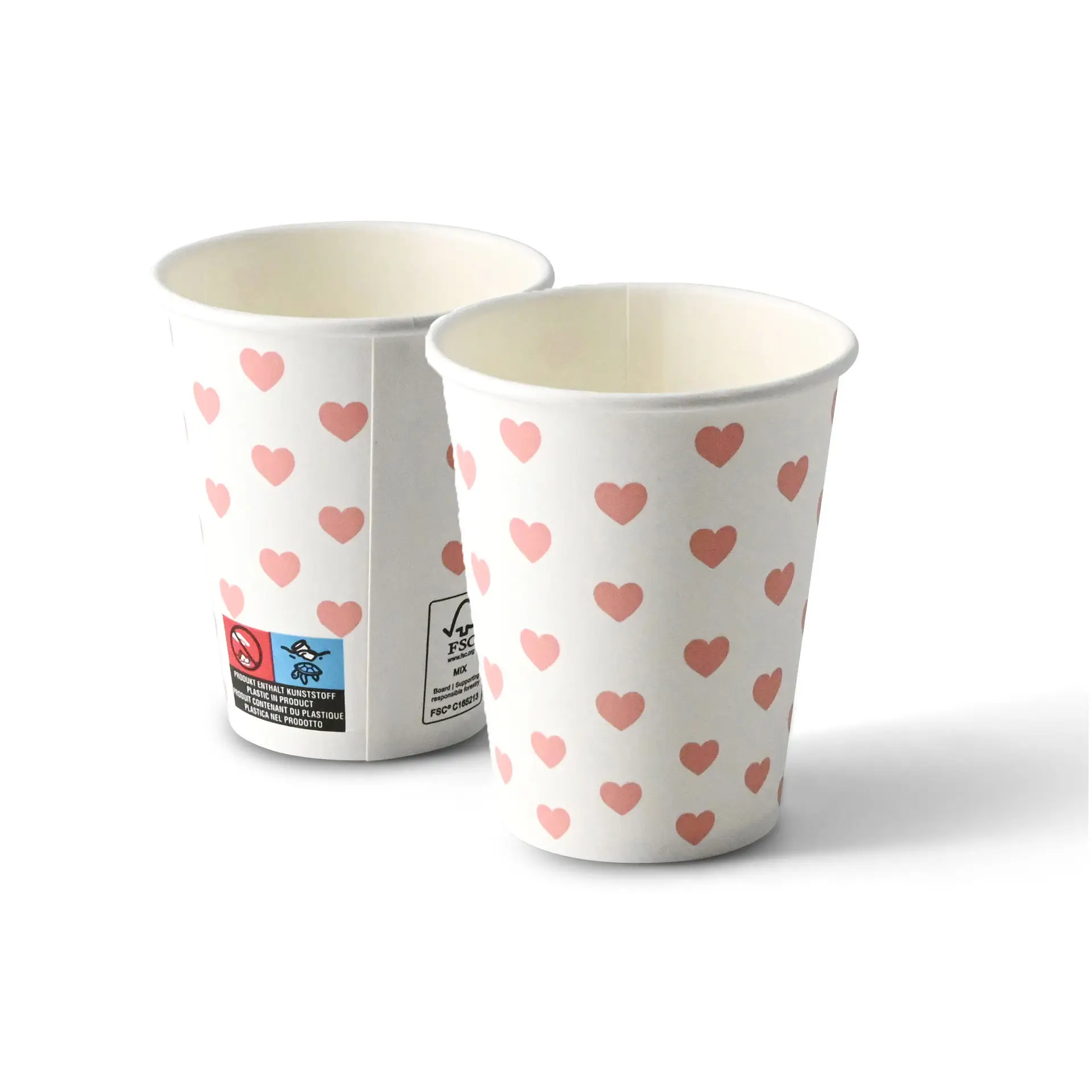 Een witte papieren beker met een roze hartjesprint; een andere beker met een soortgelijk patroon ernaast.