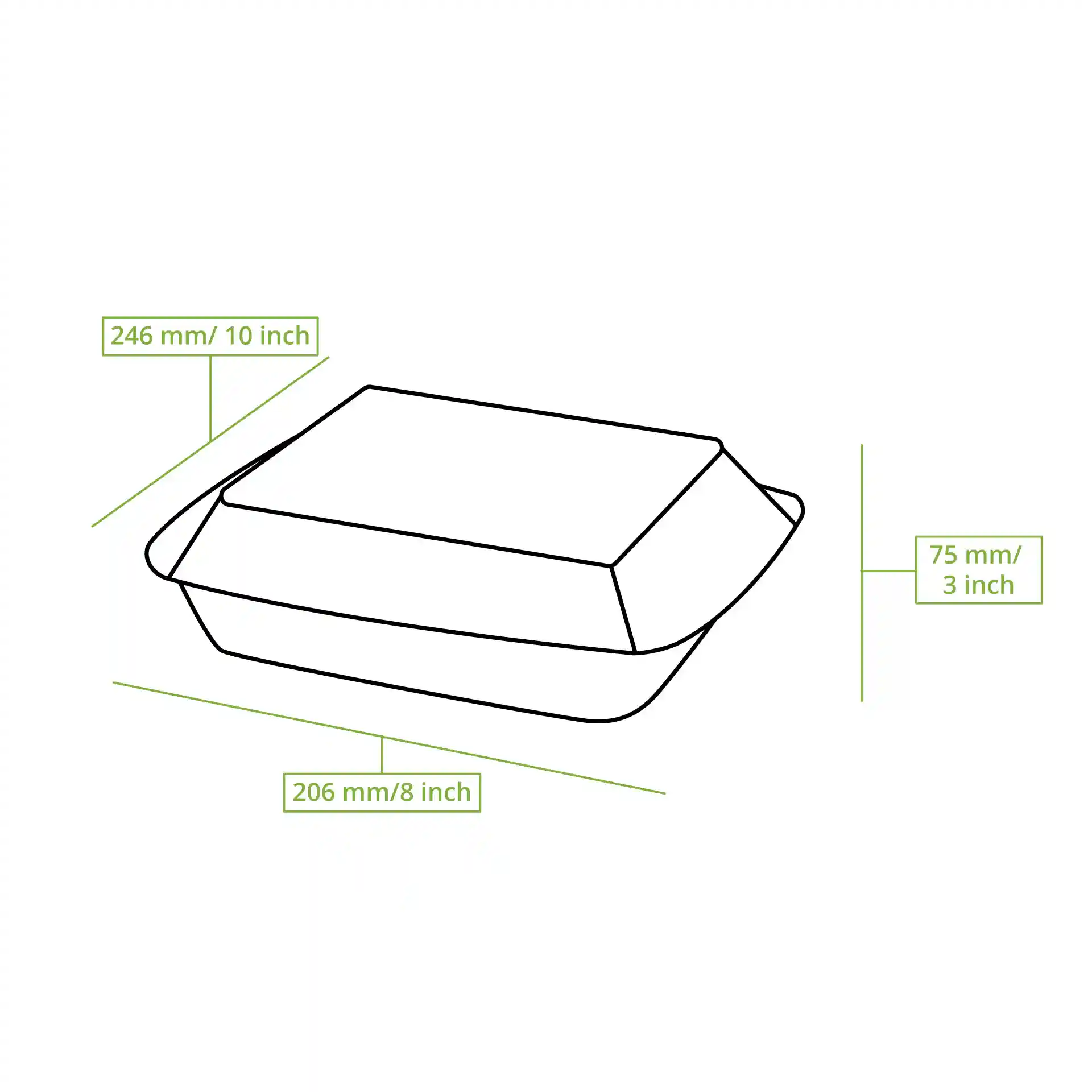 Schematische tekening van een rechthoekige container met scharnierdeksel, afmetingen 247 mm x 200 mm x 70 mm.