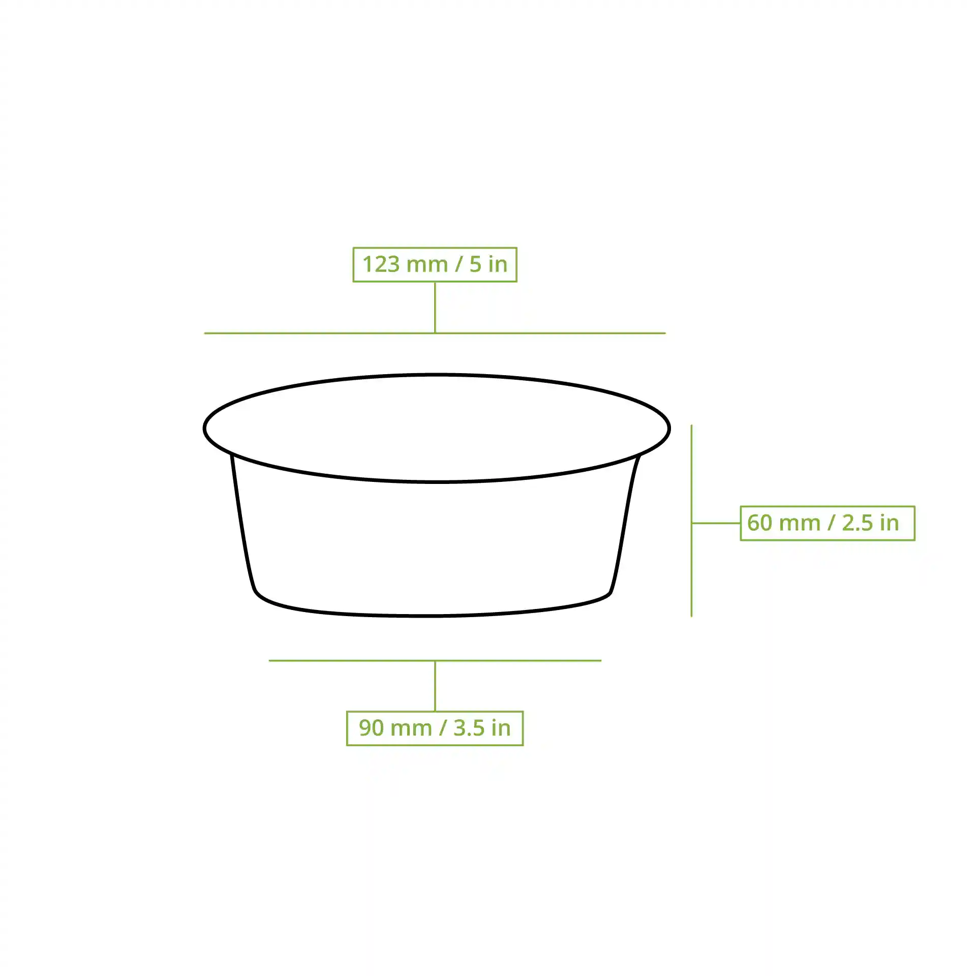 Schematische tekening van een ronde rPET deli-pot met afmetingen: 123 mm diameter, 60 mm hoogte, 90 mm bodemdiameter.